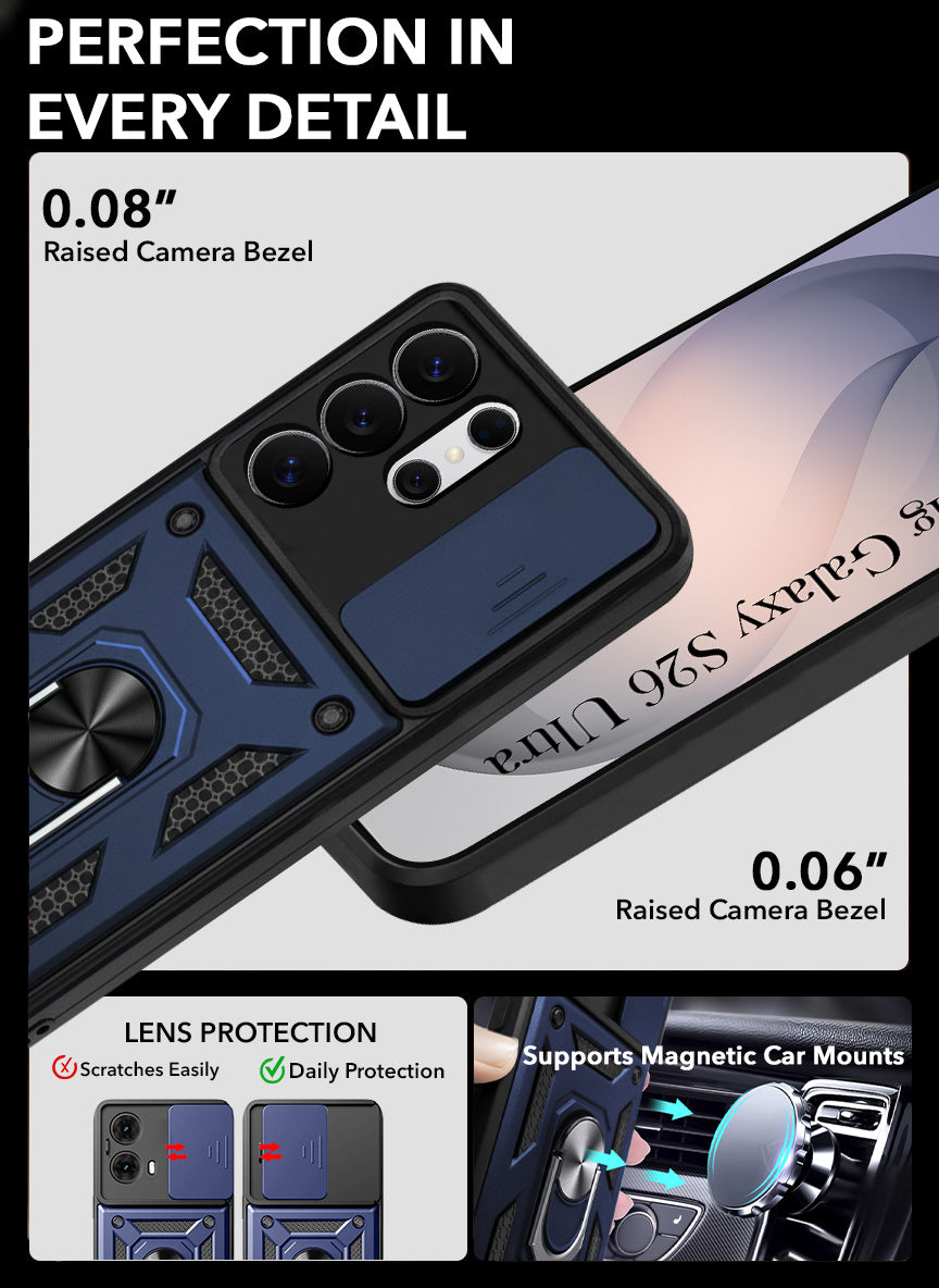 For Samsung Galaxy S26 Ultra Back Cover Case Hybrid Armor (Sliding Shutter Camera Protection | Polycarbonate |Ring Holder Kickstand)