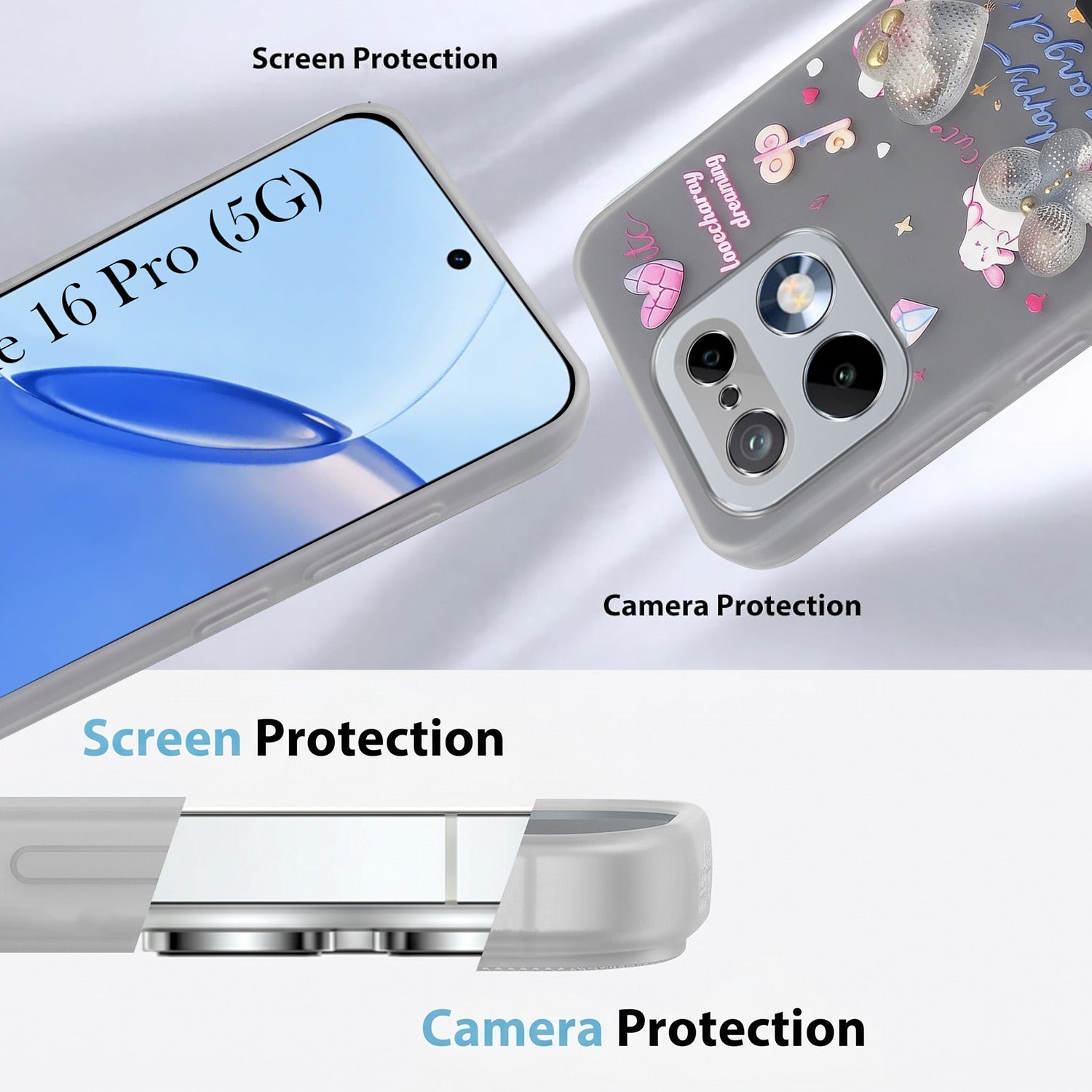 For Realme 16 Pro Back Cover Case (3D Cute Heart Strap Holder | Camera Protection | Designer Girls Print)