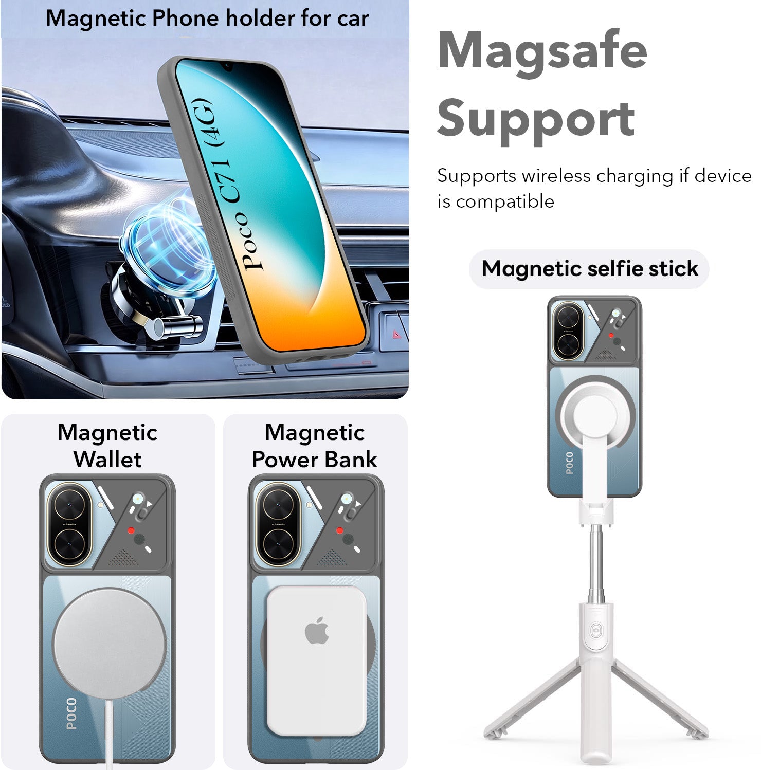 For Poco C71 Back Cover Case Lifetime Anti-Yellow Clear (Camera Protection | Side Grip | Wireless MagSafe Compatible)