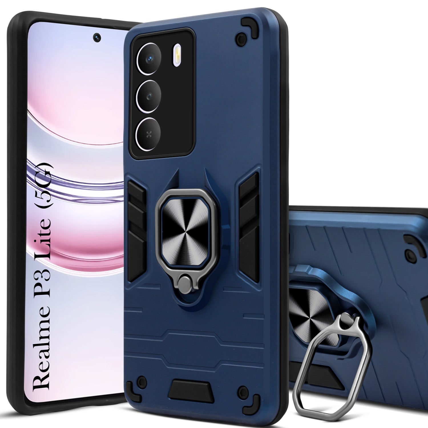 For Realme P3 Lite Hybrid Armor Back Cover Case (Shockproof Dual Layer Polycarbonate |Ring Holder Kickstand)