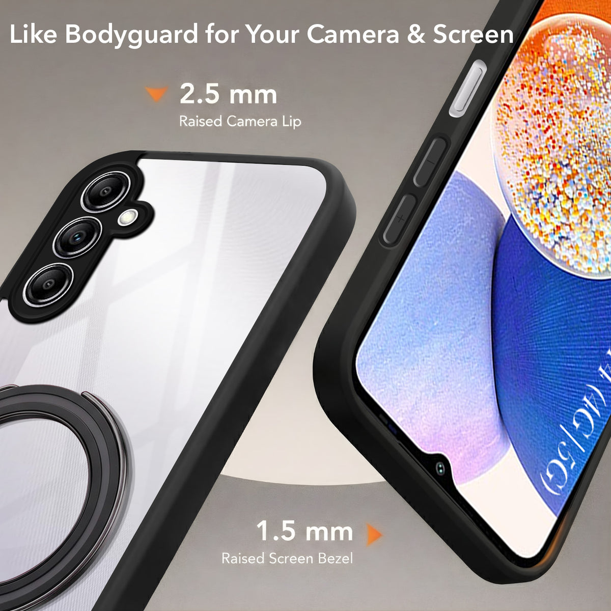 For Samsung Galaxy A14 4G | 5G Back Cover Case (Kick Stand Ring Holder | Life time Anti Yellow | Camera Protection)