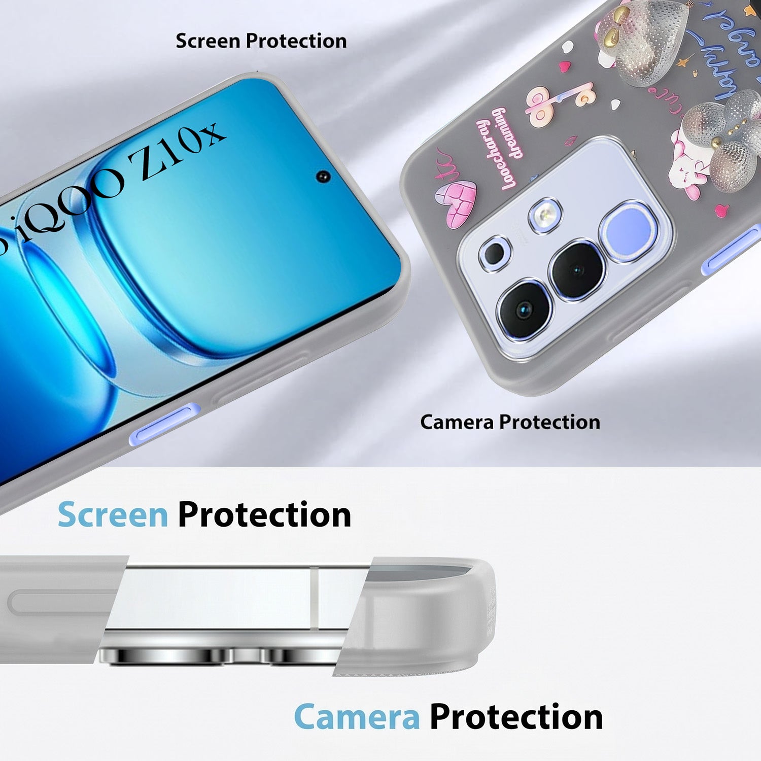 For Vivo iQOO Z10x Back Cover Case (3D Cute Heart Strap Holder | Camera Protection | Designer Girls Print)