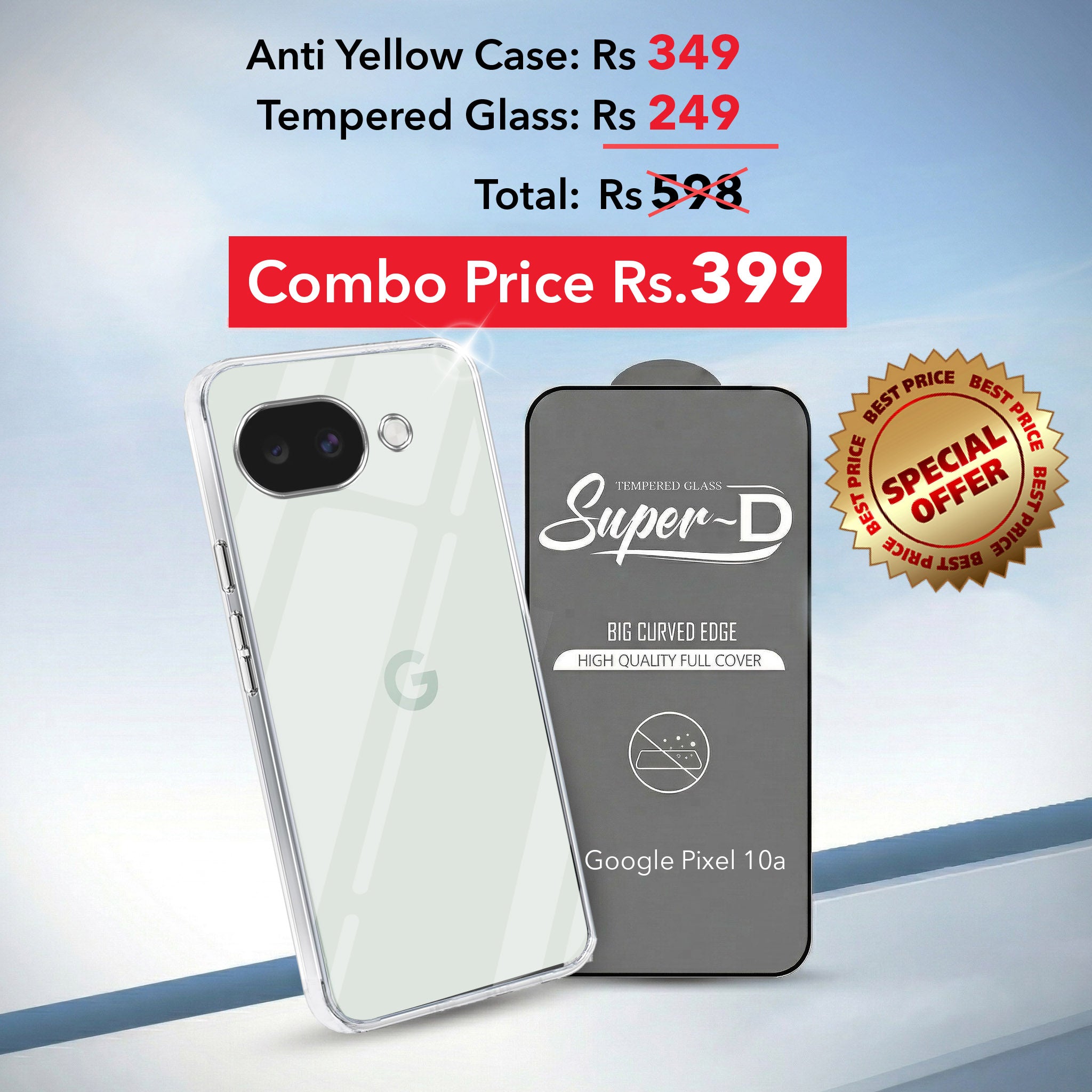 For Google Pixel 10a Combo with Back Cover and 9H Tempered Glass (Lifetime Anti-Yellow | Sleek Hard Crystal | Oleophobic Coating Screen Glass)