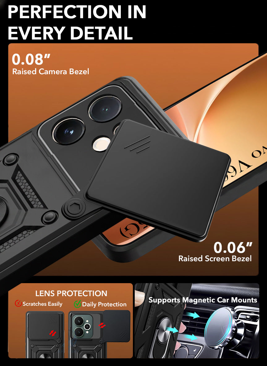 For Vivo V60 | Vivo T4 Pro Back Cover Case (Sliding Shutter Camera Protection | Polycarbonate |Ring Holder Kickstand)
