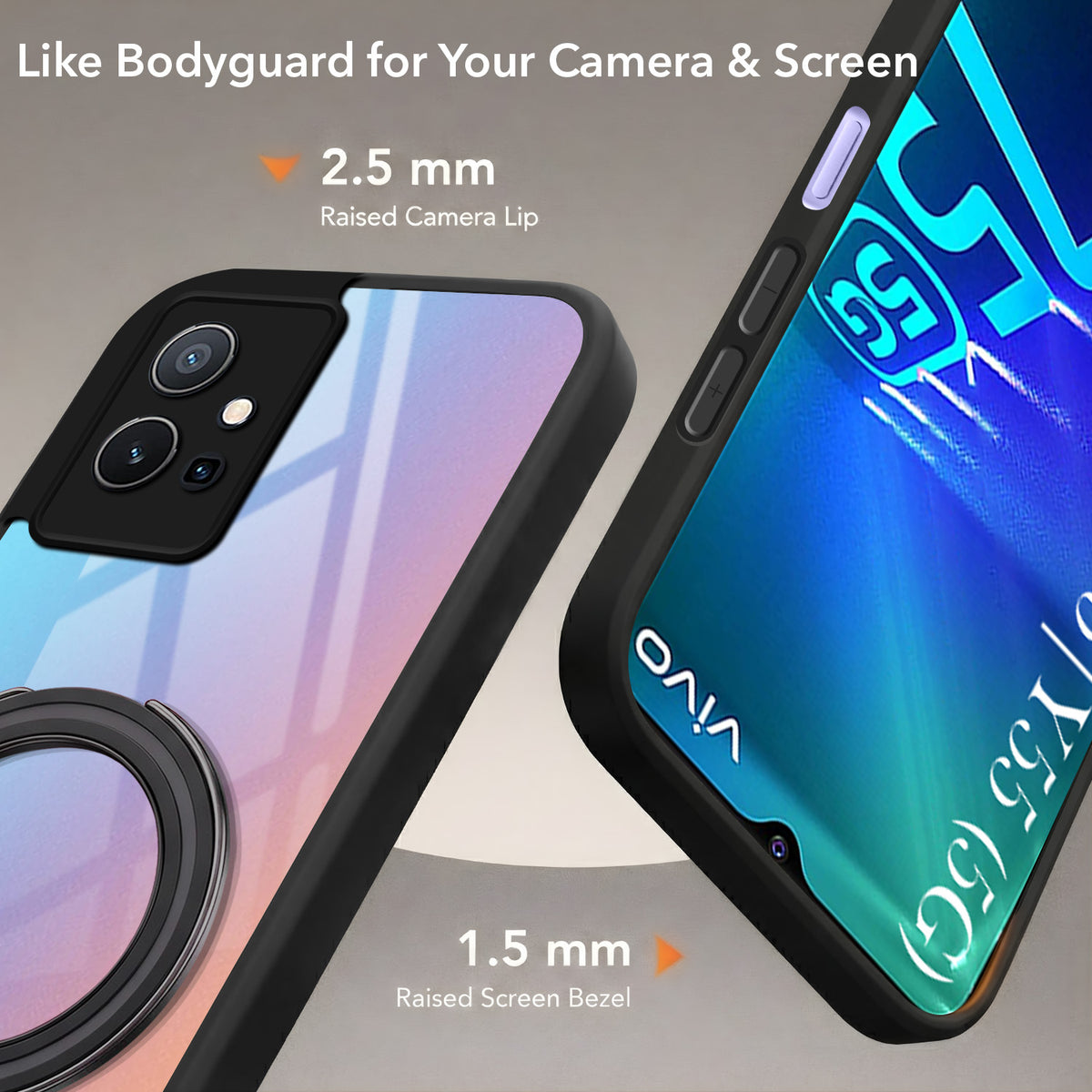 For Vivo Y75 5G | Y55 5G Back Cover Case (Kick Stand Ring Holder | Life time Anti Yellow | Camera Protection)