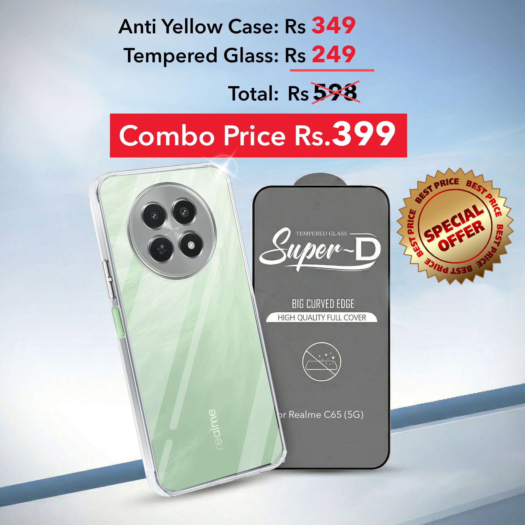 For Realme C65 5G Combo with Back Cover and 9H Tempered Glass (Lifetime Anti-Yellow | Sleek Hard Crystal | Oleophobic Coating Screen Glass)