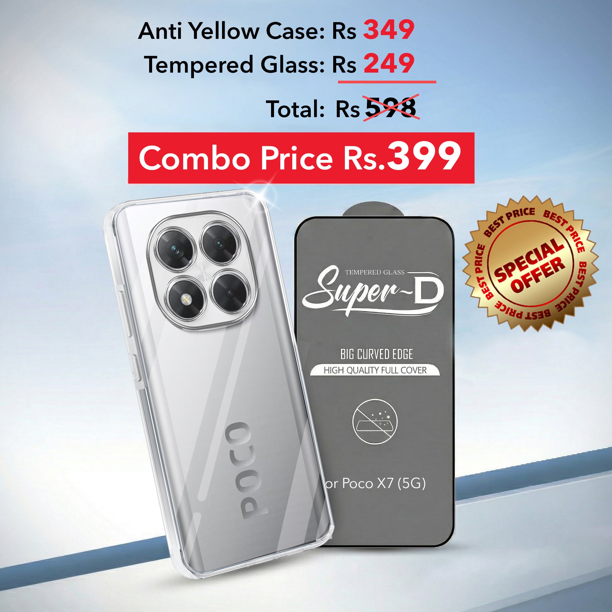 For Xiaomi Poco X7 Combo with Back Cover and 9H Tempered Glass (Lifetime Anti-Yellow | Sleek Hard Crystal | Oleophobic Coating Screen Glass)