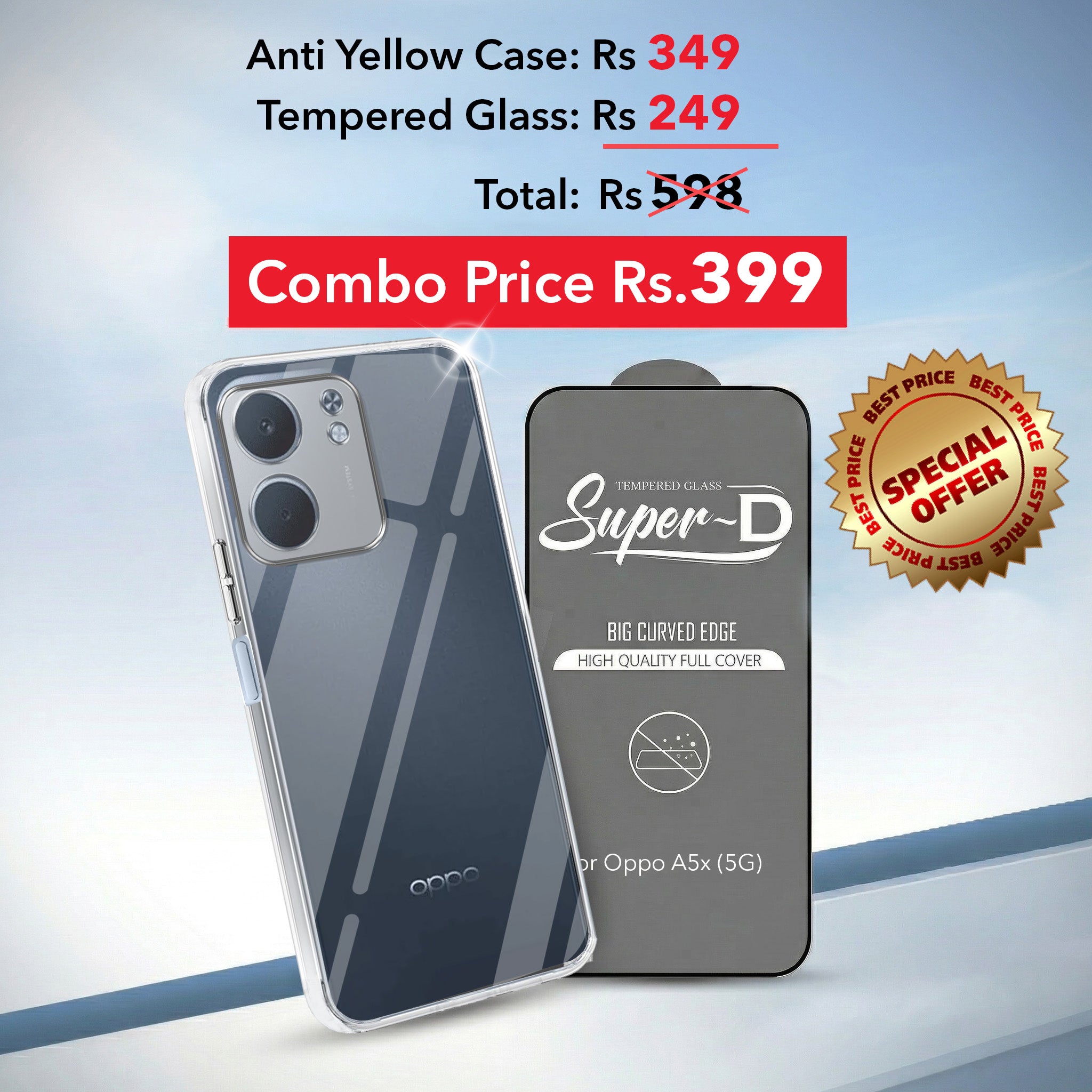 For Oppo A5X Combo with Back Cover and 9H Tempered Glass (Lifetime Anti-Yellow | Sleek Hard Crystal | Oleophobic Coating Screen Glass)