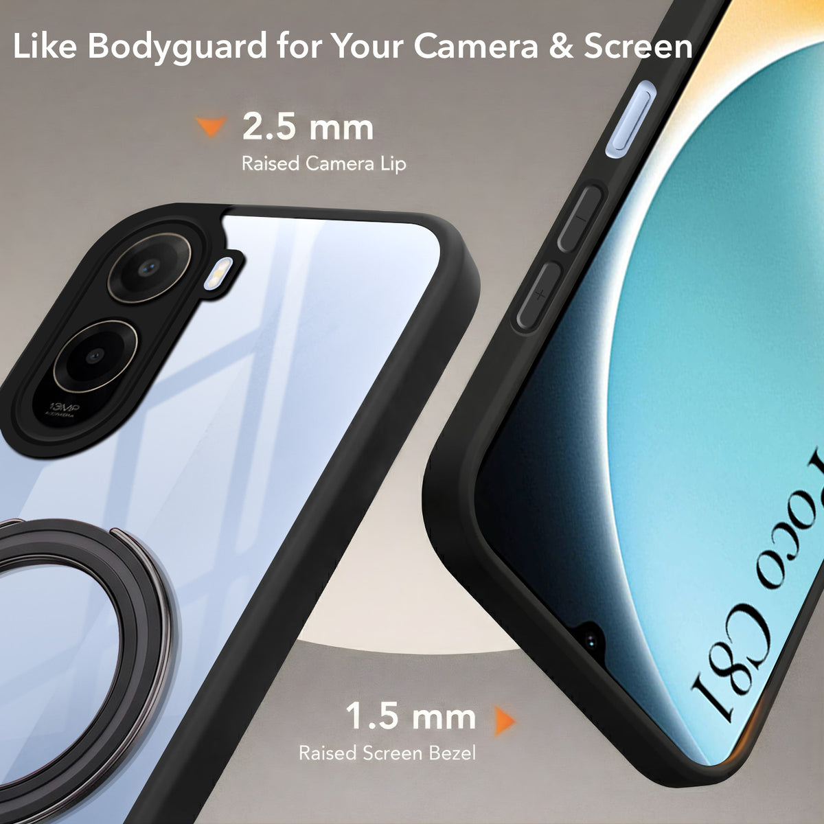For Poco C81 5G Back Cover Case (Kick Stand Ring Holder | Life time Anti Yellow | Camera Protection)