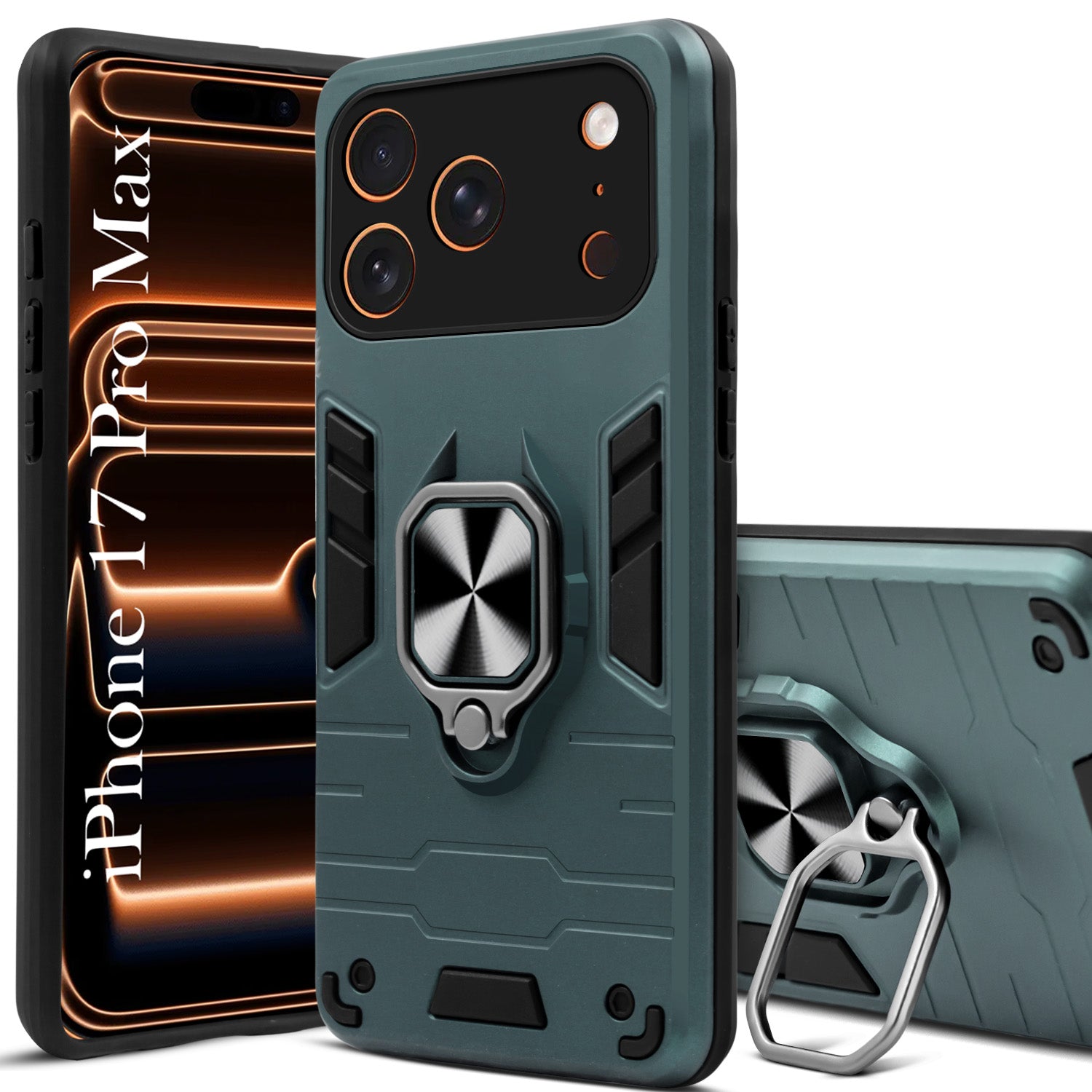 For Apple iPhone 17 Pro Max Back Cover Case (Shockproof Dual Layer Polycarbonate |Ring Holder Kickstand)