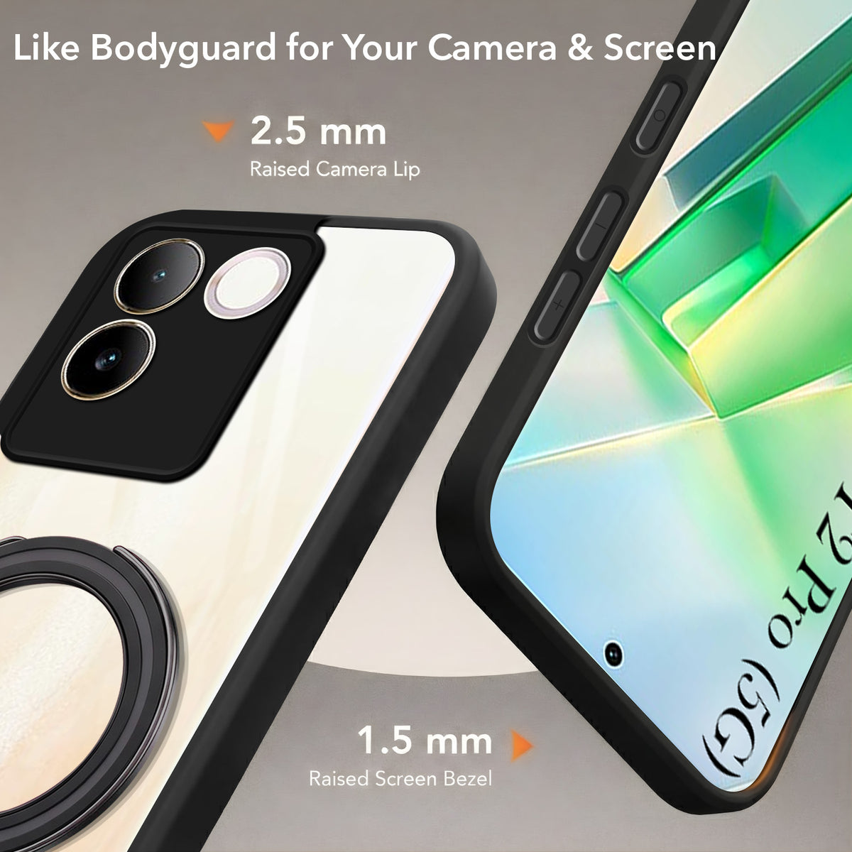 For Vivo T2 Pro Back Cover Case (Kick Stand Ring Holder | Life time Anti Yellow | Camera Protection)