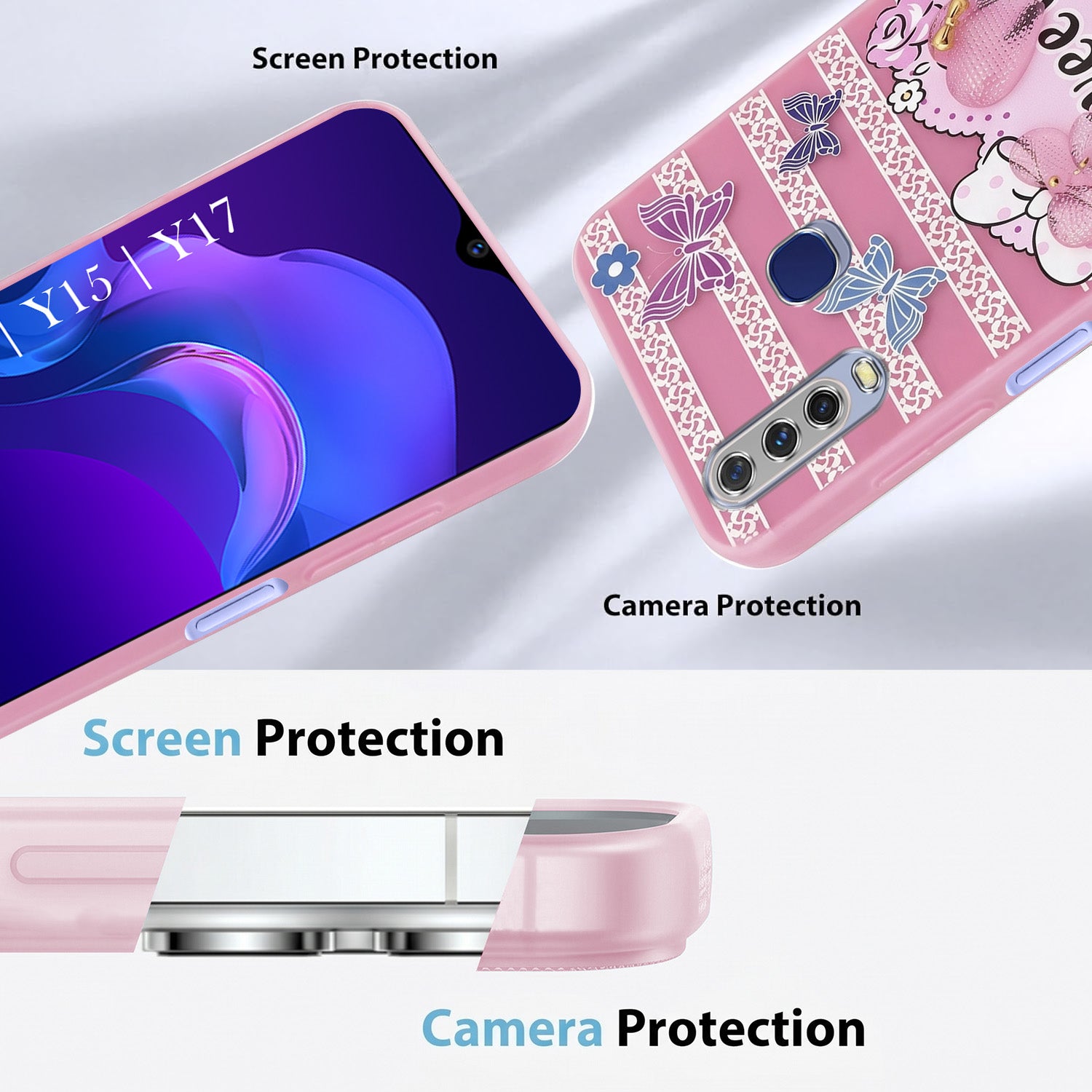 For Vivo Y12 | Y15 | Y17 Back Cover Case (3D Cute Heart Strap Holder | Camera Protection | Designer Girls Print)