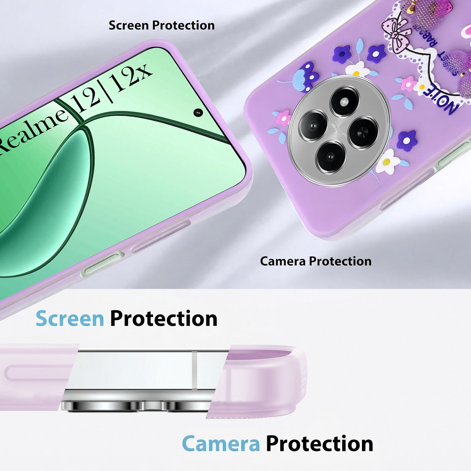 For Realme 12 | Realme 12X Back Cover Case (3D Cute Heart Strap Holder | Camera Protection | Designer Girls Print)