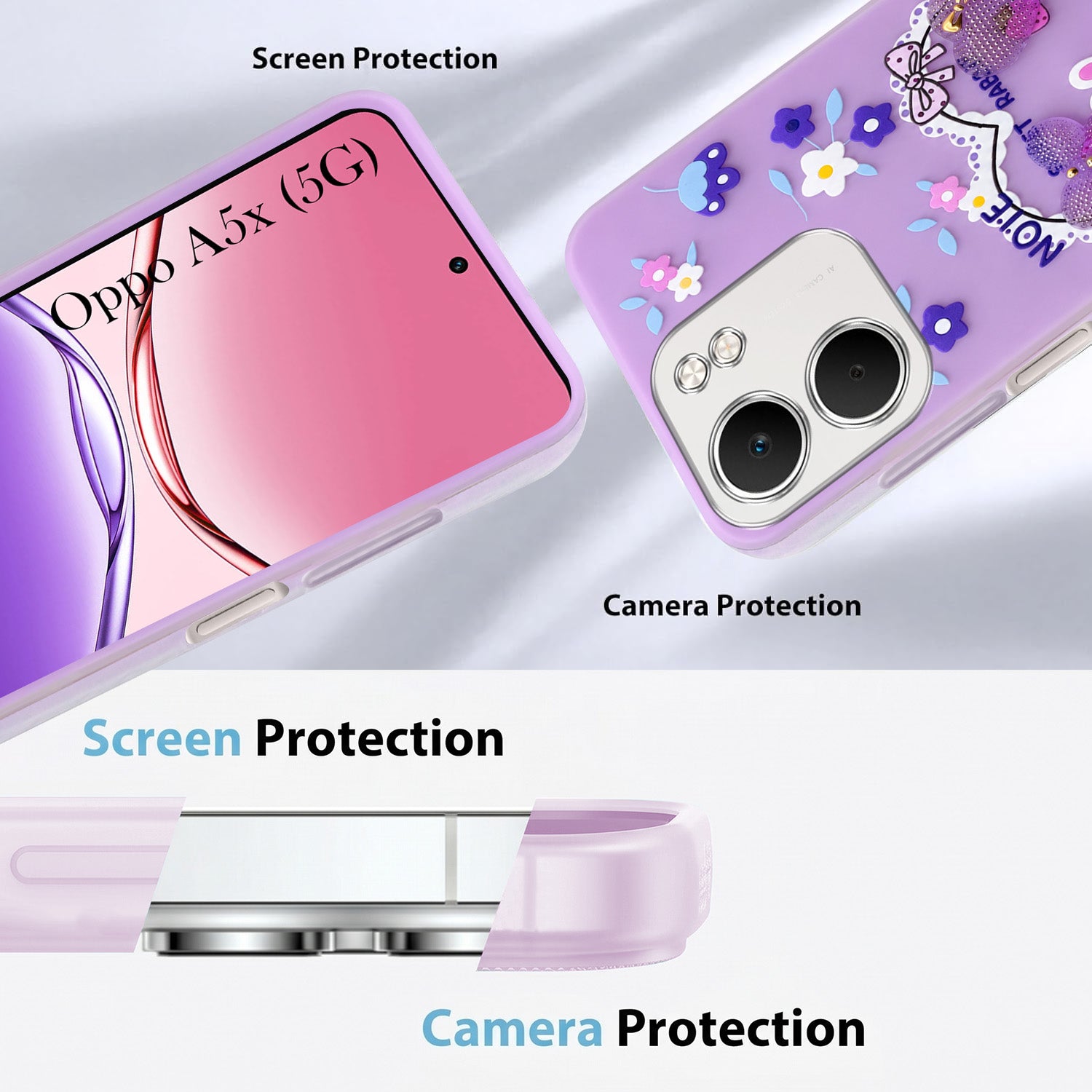 For Oppo A5X Back Cover Case (3D Cute Heart Strap Holder | Camera Protection | Designer Girls Print)