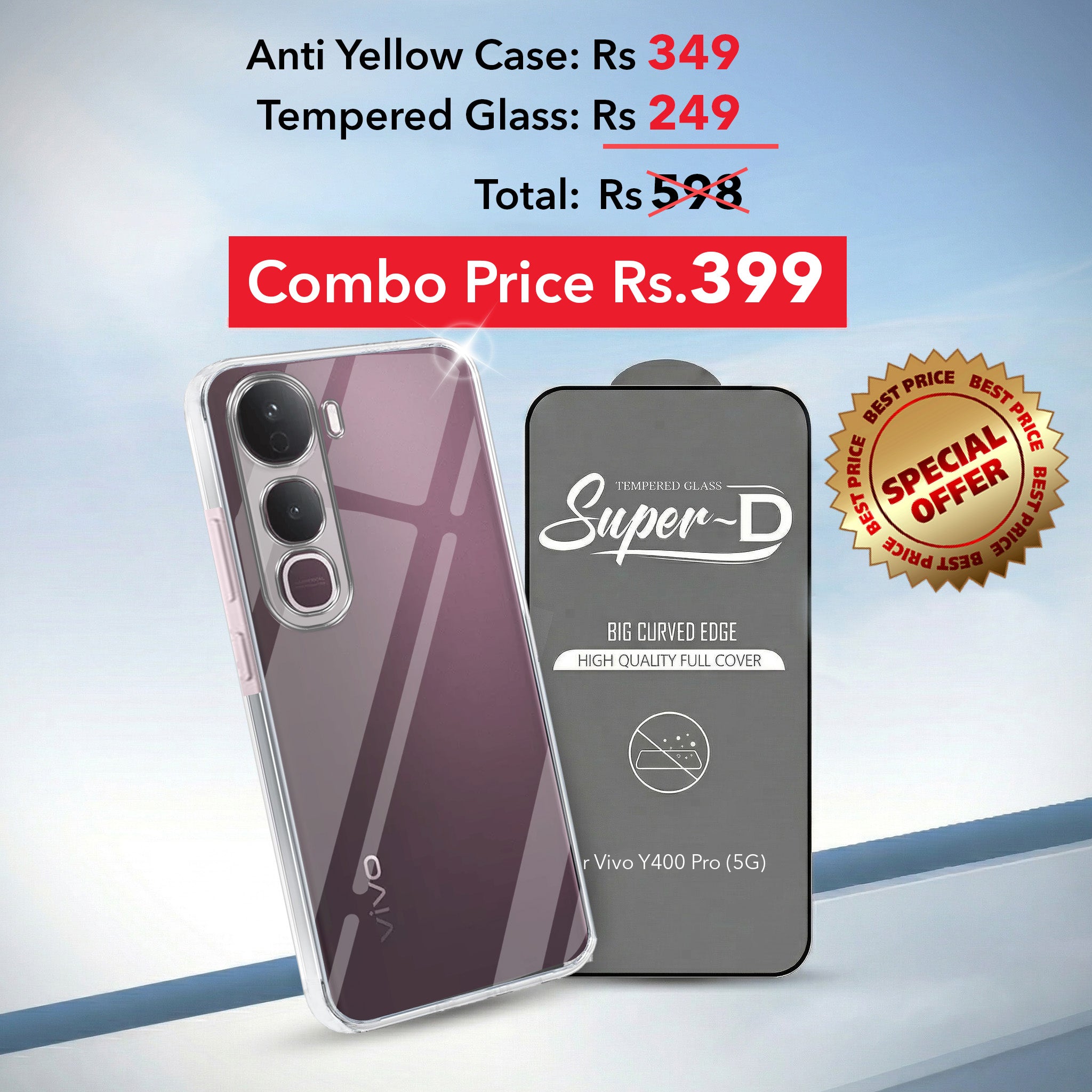 For Vivo Y400 Pro Combo with Back Cover and 9H Tempered Glass (Lifetime Anti-Yellow | Sleek Hard Crystal | Oleophobic Coating Screen Glass)