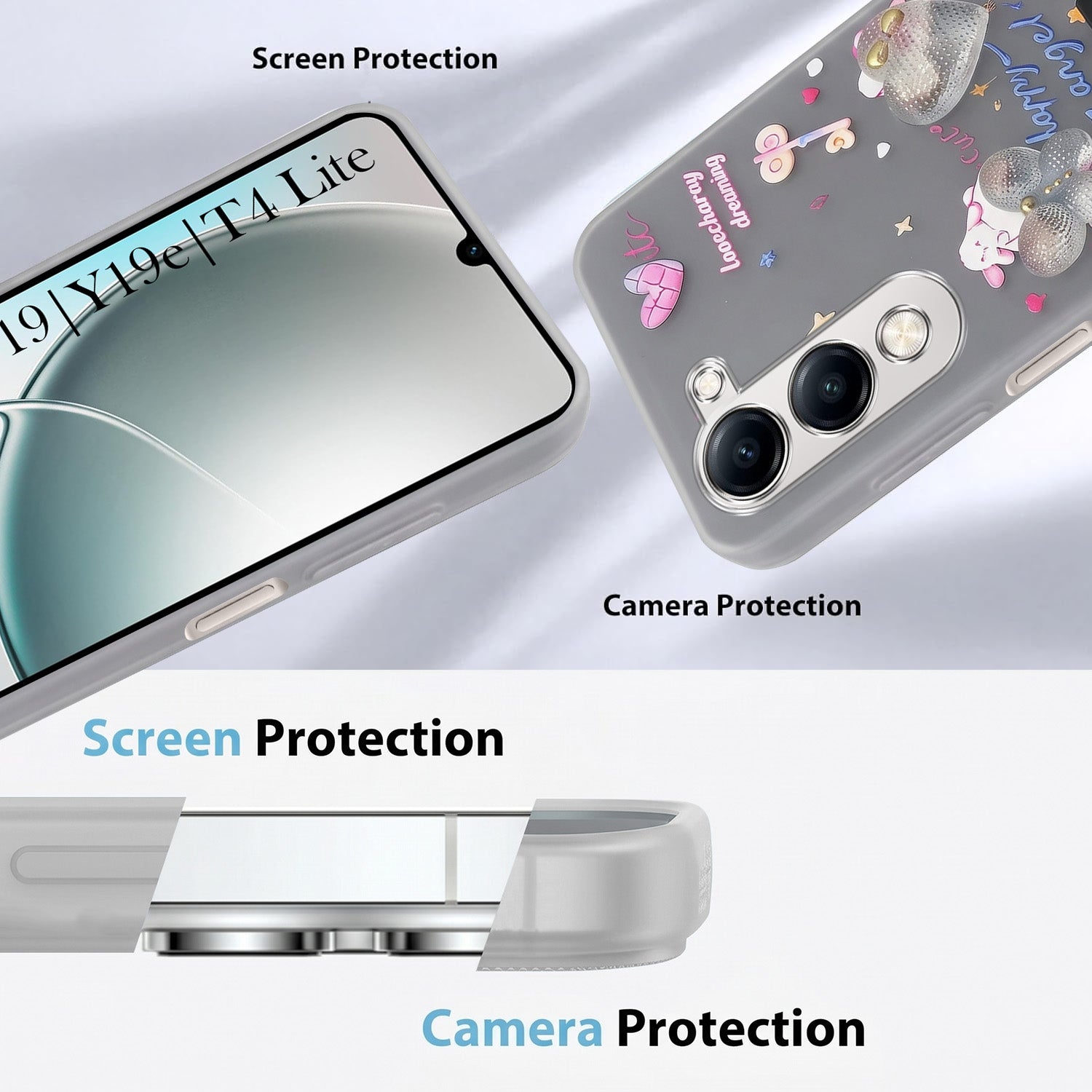 For Vivo Y19 | Vivo Y19e | Vivo T4 Lite Back Cover Case (3D Cute Heart Strap Holder | Camera Protection | Designer Girls Print)