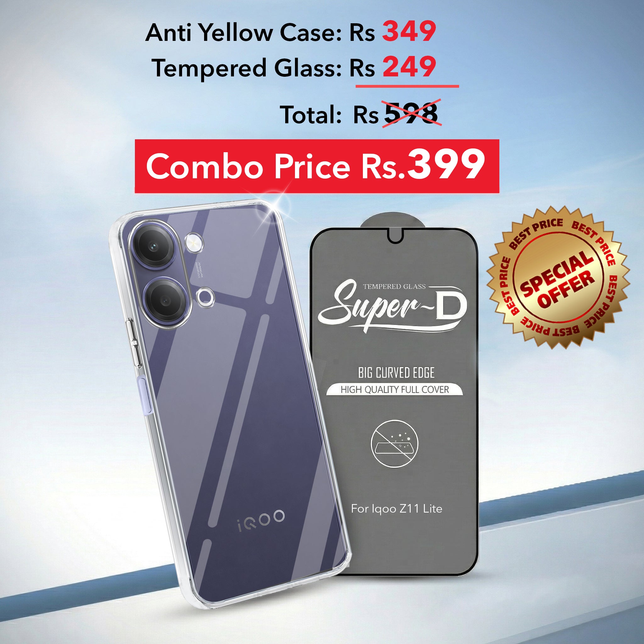 For Vivo iQOO Z11 Lite Combo with Back Cover and 9H Tempered Glass (Lifetime Anti-Yellow | Sleek Hard Crystal | Oleophobic Coating Screen Glass)