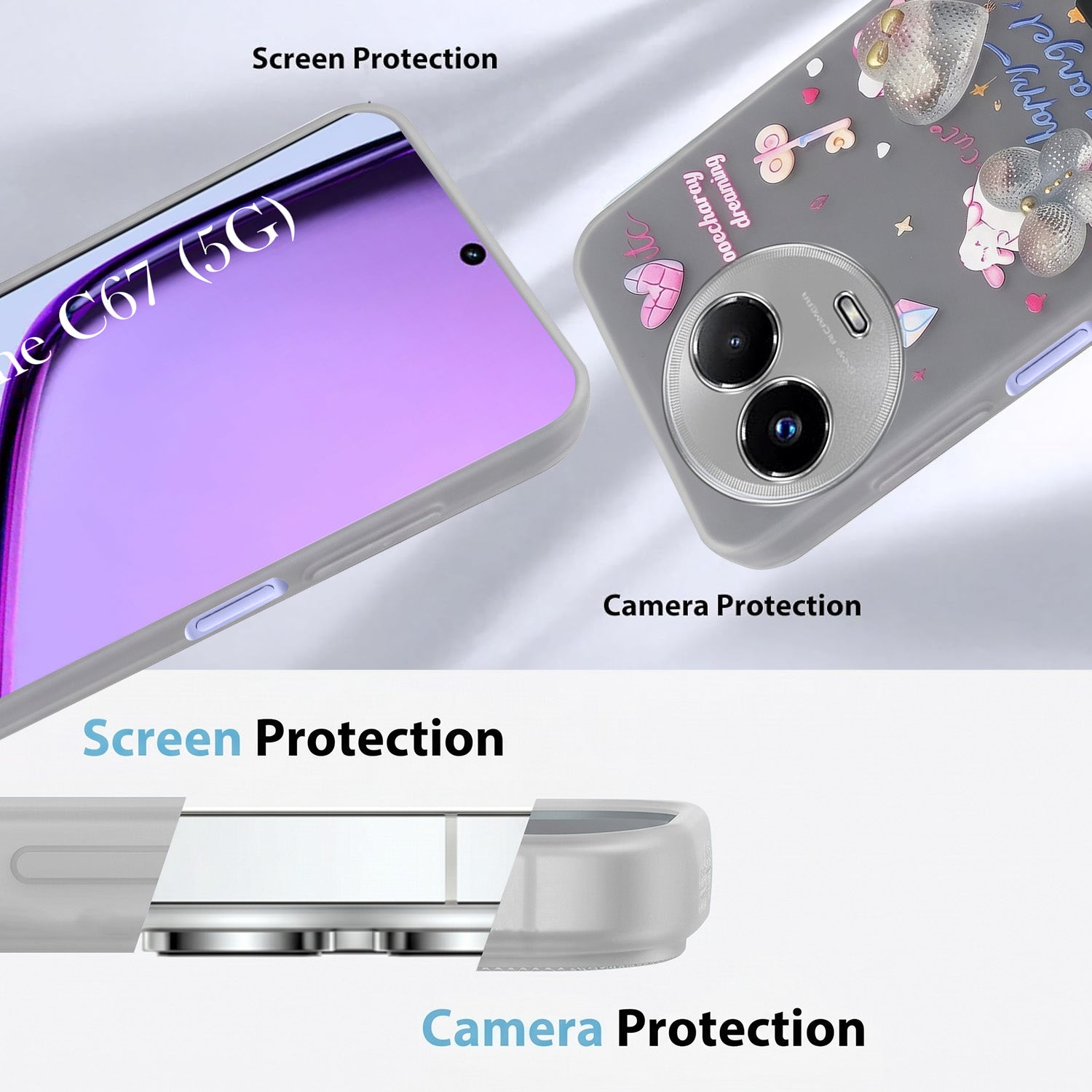 For Realme C67 Back Cover Case (3D Cute Heart Strap Holder | Camera Protection | Designer Girls Print)