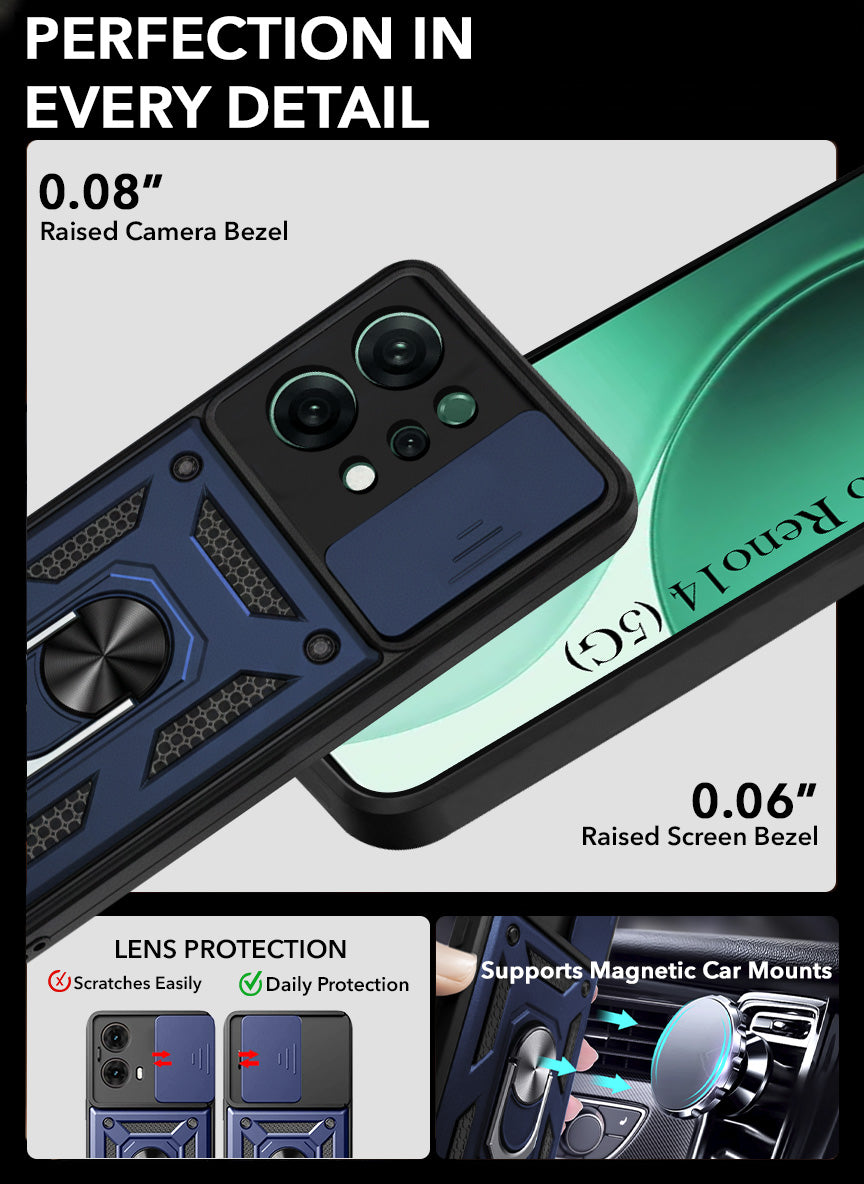 For Oppo Reno14 5G | Oppo Reno 14 5G Back Cover Case (Sliding Shutter Camera Protection | Polycarbonate |Ring Holder Kickstand)