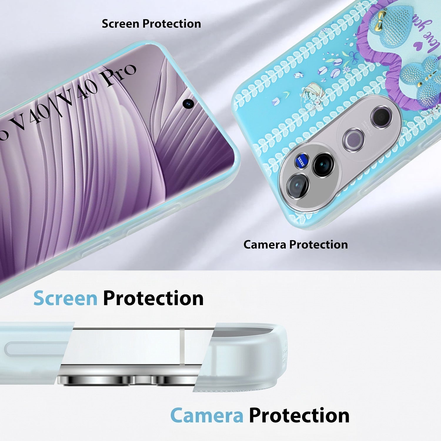 For Vivo V40 | Vivo V40 Pro 5G Back Cover Case (3D Cute Heart Strap Holder | Camera Protection | Designer Girls Print)