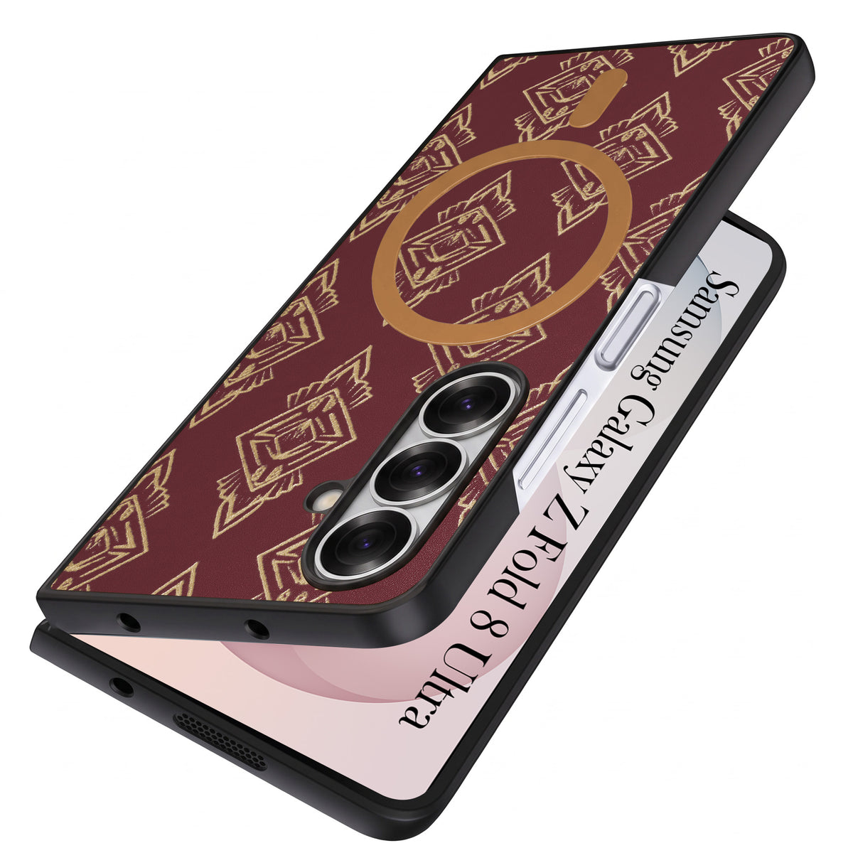 For Samsung Galaxy Z Fold 8 Ultra Back Cover Case Premium Magnetic (MagSafe Compatible | 180° Folding Design | Geometric Gold Pattern | Soft Microfiber Inner Lining)