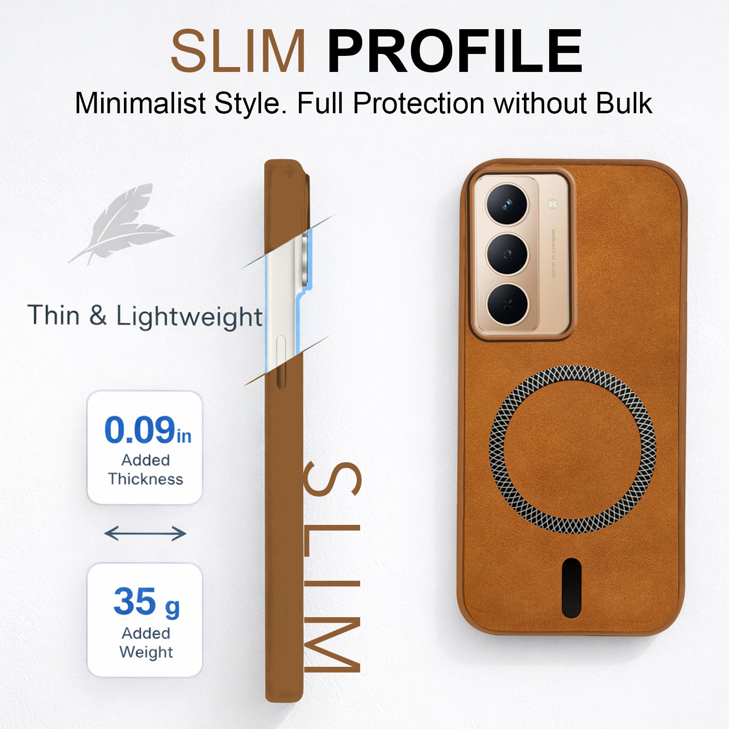For Realme P3x Back Cover Case Leather Finish (MagSafe Compatible Wireless Charging | Soft Touch | Camera Bump Protection)