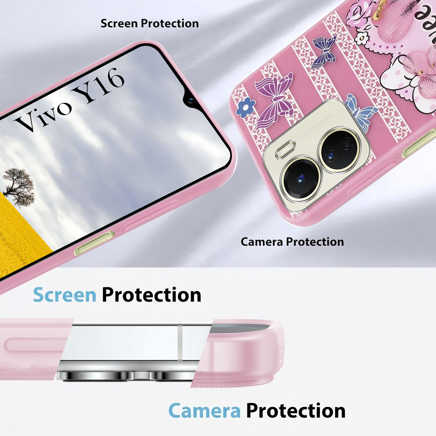 For Vivo Y16 Back Cover Case (3D Cute Heart Strap Holder | Camera Protection | Designer Girls Print)