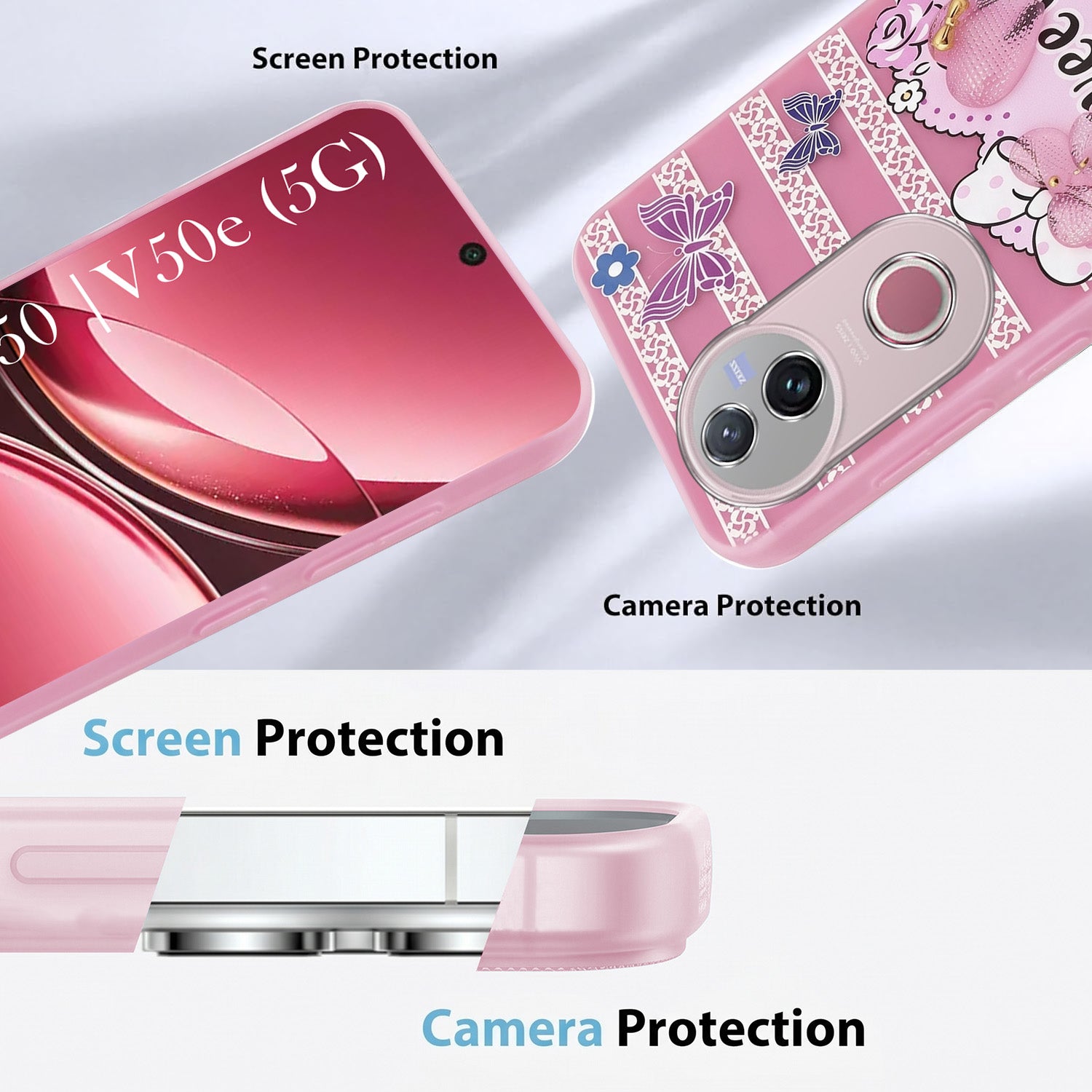 For Vivo V50 | Vivo V50e Back Cover Case (3D Cute Heart Strap Holder | Camera Protection | Designer Girls Print)