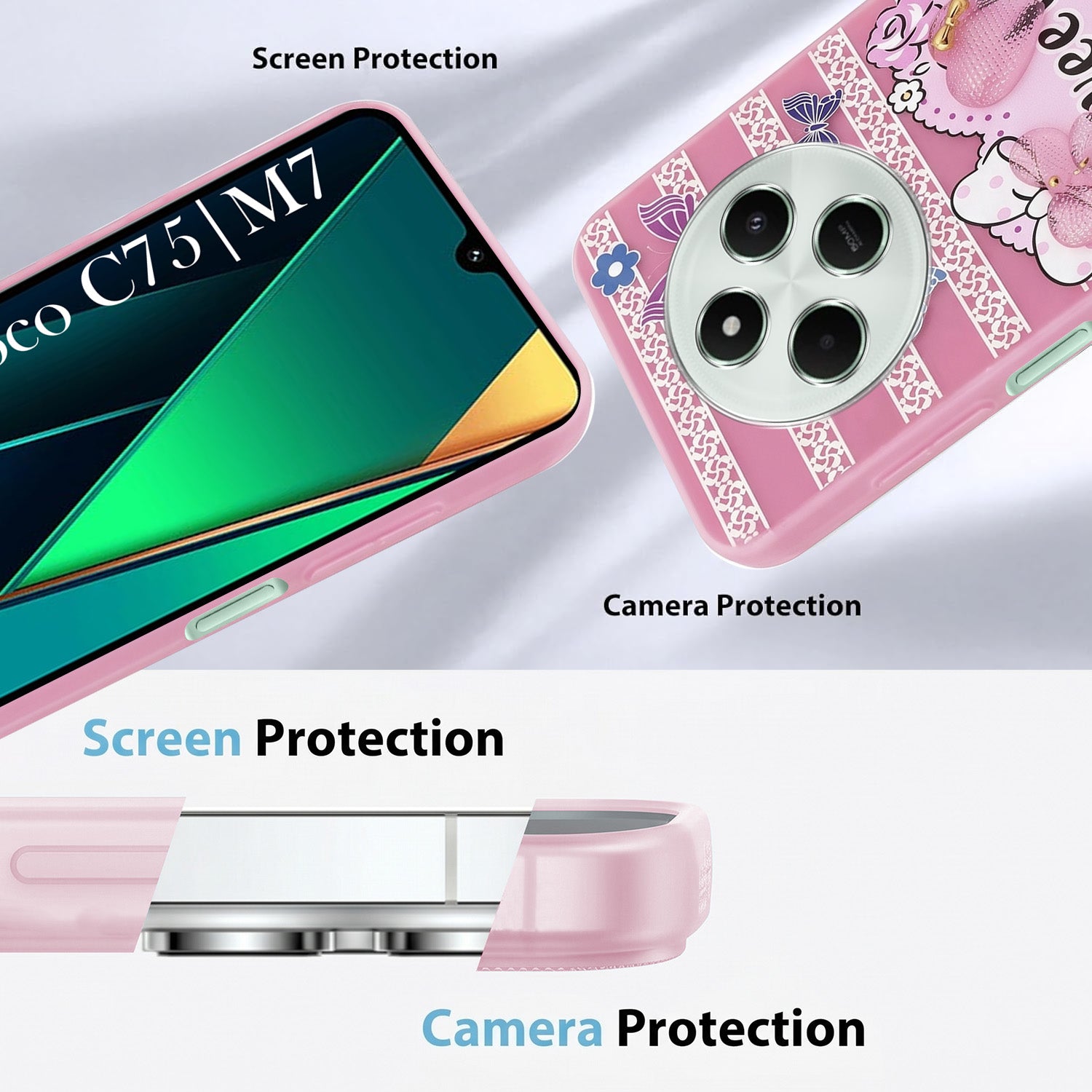 For Poco C75 | Poco M7 Back Cover Case (3D Cute Heart Strap Holder | Camera Protection | Designer Girls Print)