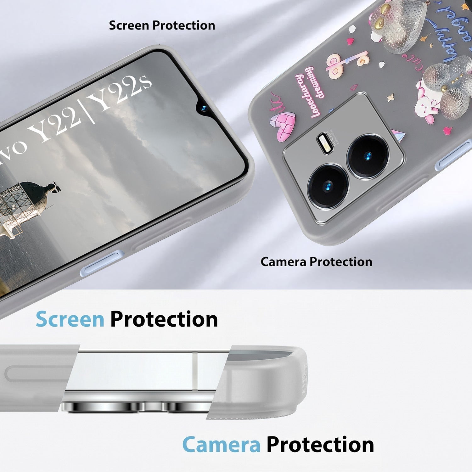 For Vivo Y22 | Vivo Y22s Back Cover Case (3D Cute Heart Strap Holder | Camera Protection | Designer Girls Print)