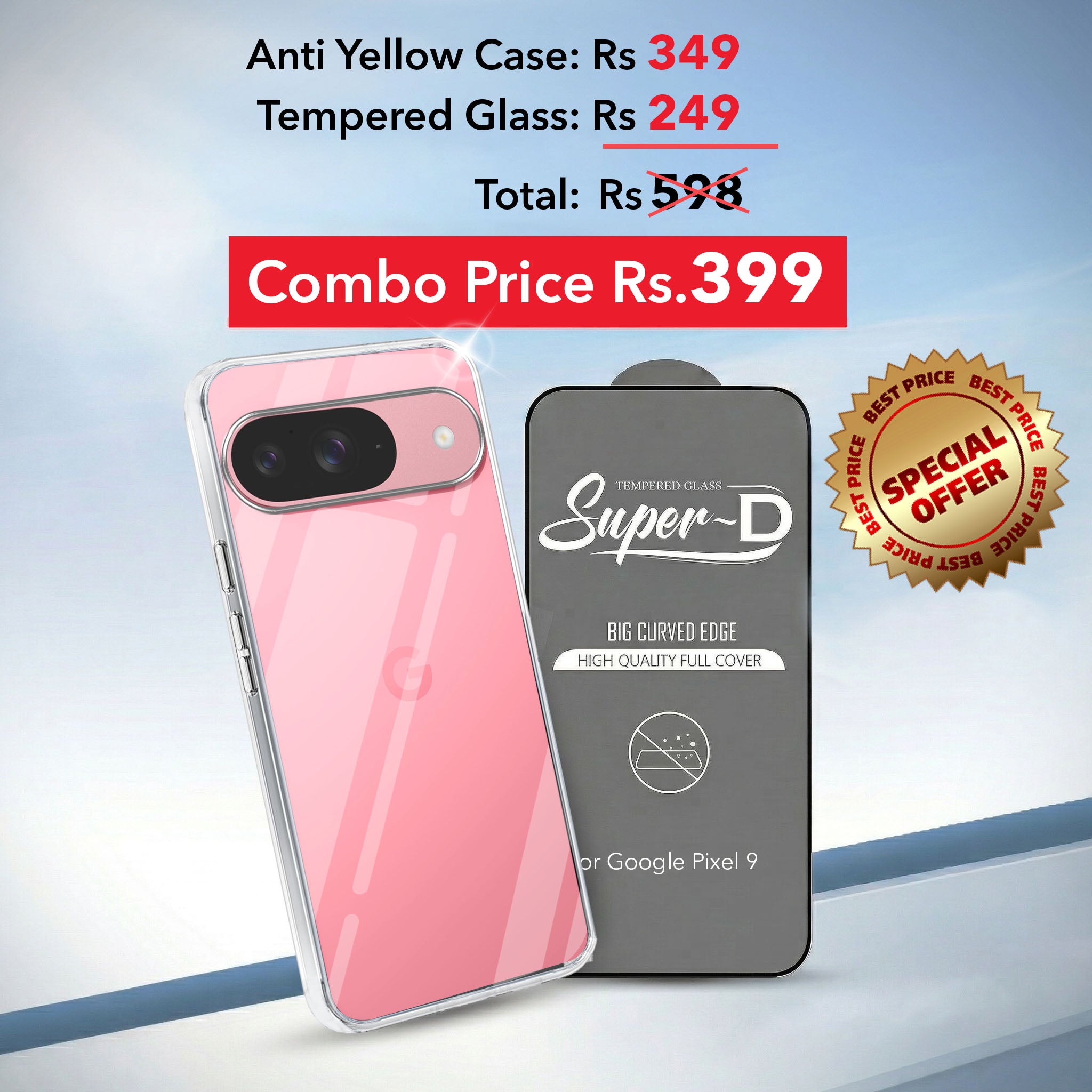 For Google Pixel 9 Combo with Back Cover and 9H Tempered Glass (Lifetime Anti-Yellow | Sleek Hard Crystal | Oleophobic Coating Screen Glass)