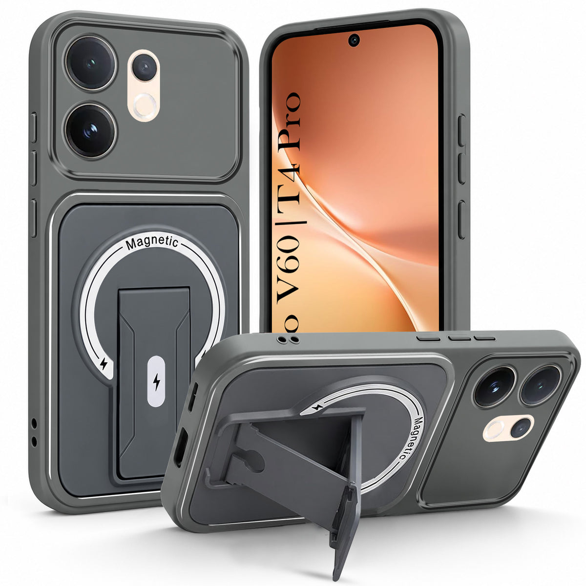 For Vivo V60 | Vivo T4 Pro Back Case Cover Metallic (Hybrid Armor Kickstand | MagSafe Compatible | Camera Protection Shockproof)