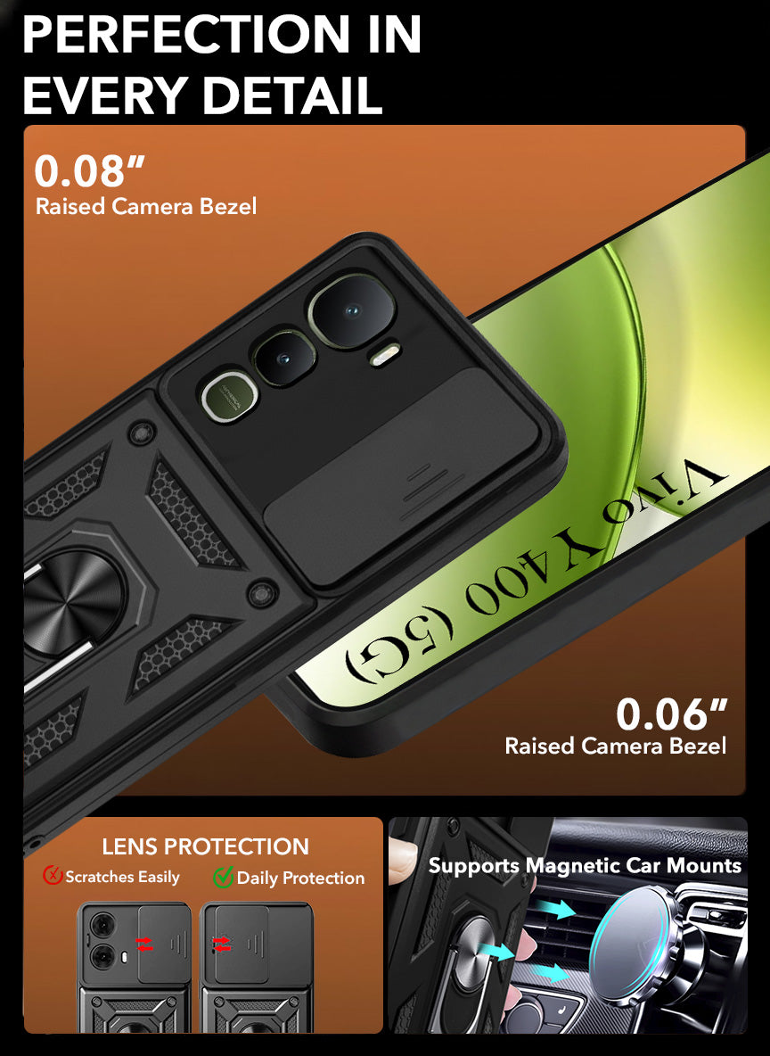For Vivo Y400 Back Cover Case Hybrid Armor (Sliding Shutter Camera Protection | Polycarbonate |Ring Holder Kickstand)