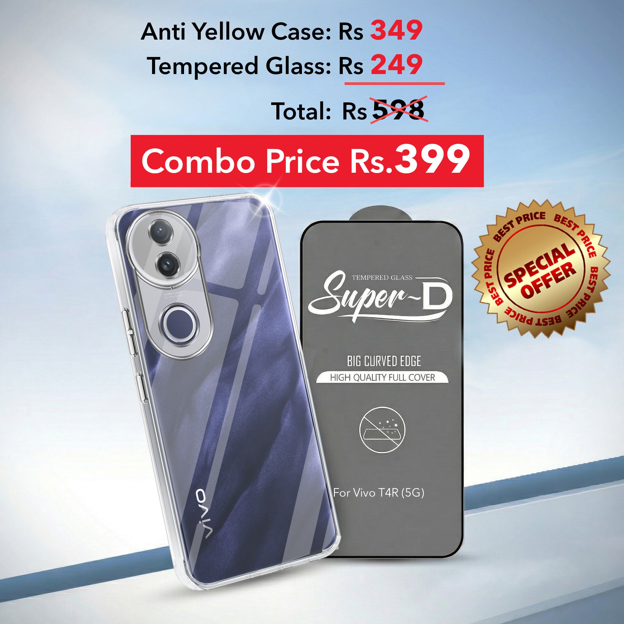 For Vivo T4R Combo with Back Cover and 9H Tempered Glass (Lifetime Anti-Yellow | Sleek Hard Crystal | Oleophobic Coating Screen Glass)