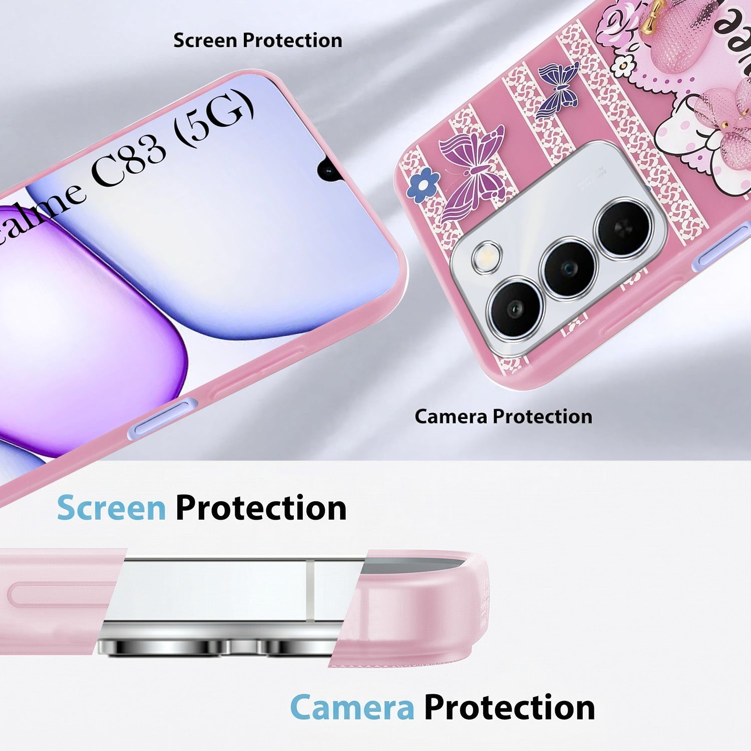 For Realme C83 5G Back Cover Case (3D Cute Heart Strap Holder | Camera Protection | Designer Girls Print)
