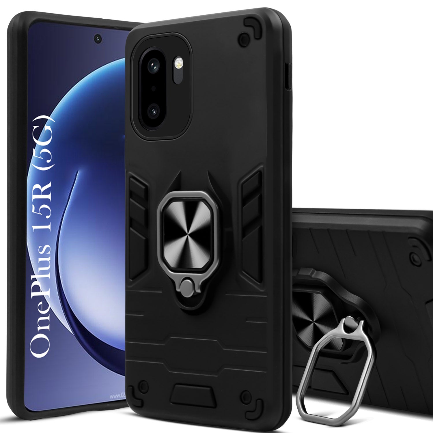 For OnePlus 15R Back Cover Case Hybrid Armor (Shockproof Dual Layer Polycarbonate |Ring Holder Kickstand)