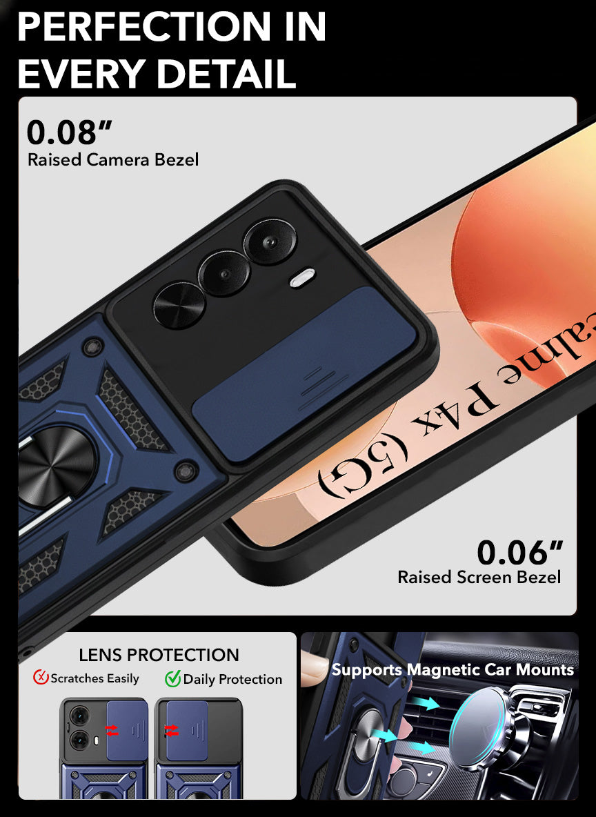 For Realme P4x Back Cover Case Hybrid Armor (Sliding Shutter Camera Protection | Polycarbonate |Ring Holder Kickstand)