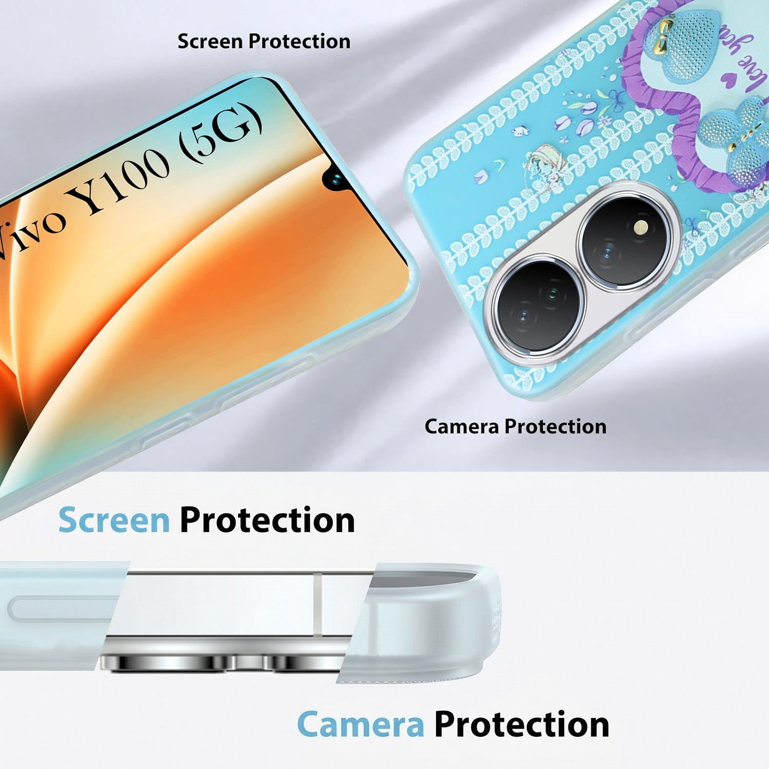 For Vivo Y100 Back Cover Case (3D Cute Heart Strap Holder | Camera Protection | Designer Girls Print)