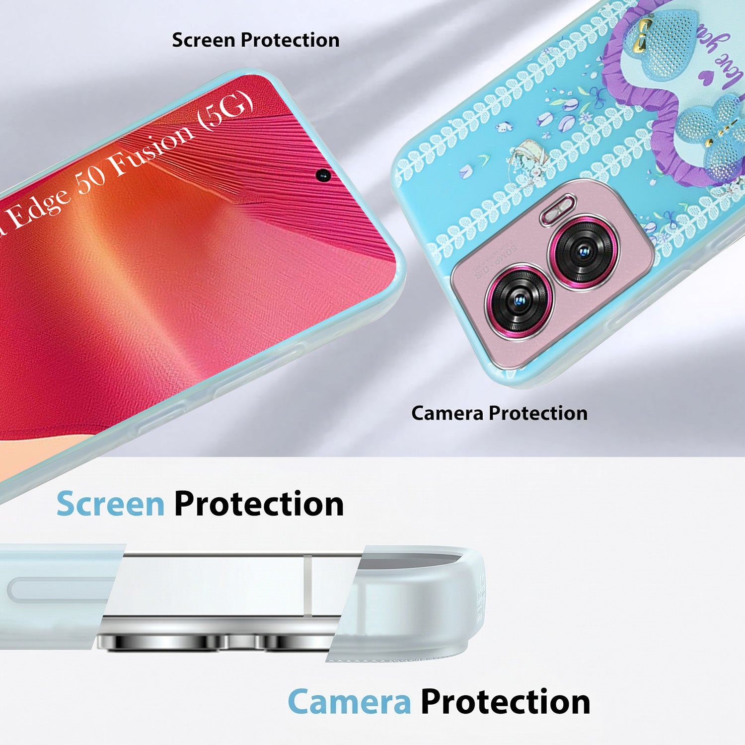 For Motorola Moto Edge 50 Fusion Back Cover Case (3D Cute Heart Strap Holder | Camera Protection | Designer Girls Print)