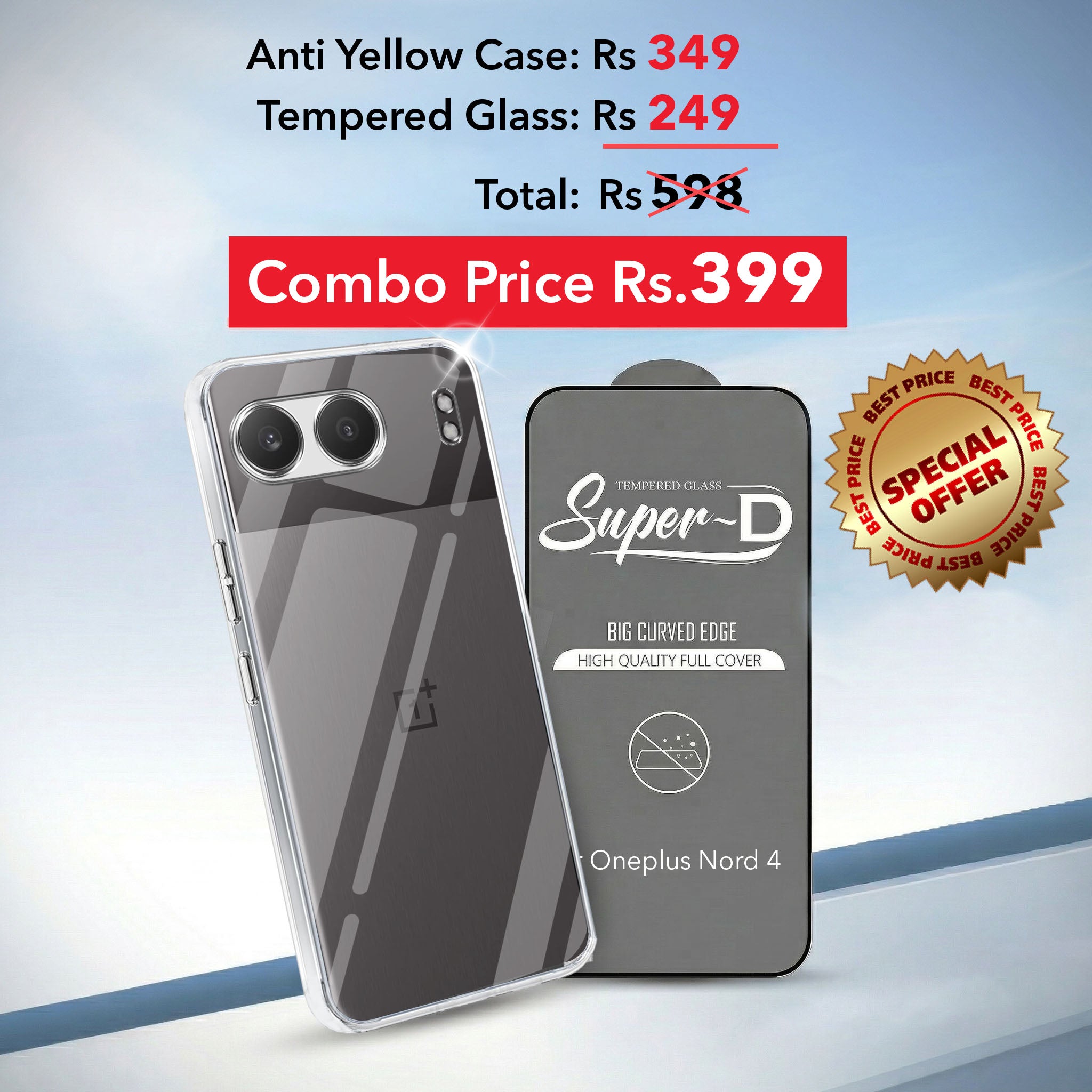 For Oneplus Nord 4 Combo with Back Cover and 9H Tempered Glass (Lifetime Anti-Yellow | Sleek Hard Crystal | Oleophobic Coating Screen Glass)