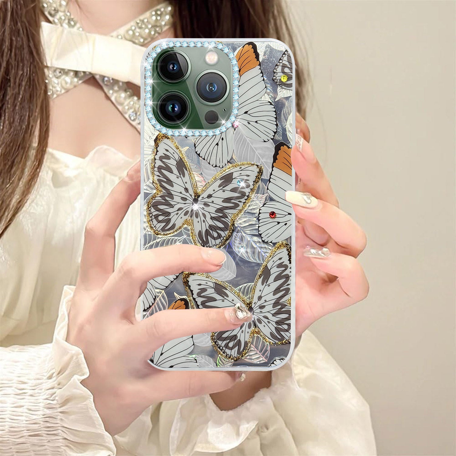 For Apple iPhone 13 Pro Back Cover Case (Luxury Floral Glitter Cute Butterfly | Diamond Studded Camera Bump | Girls & Women Design)
