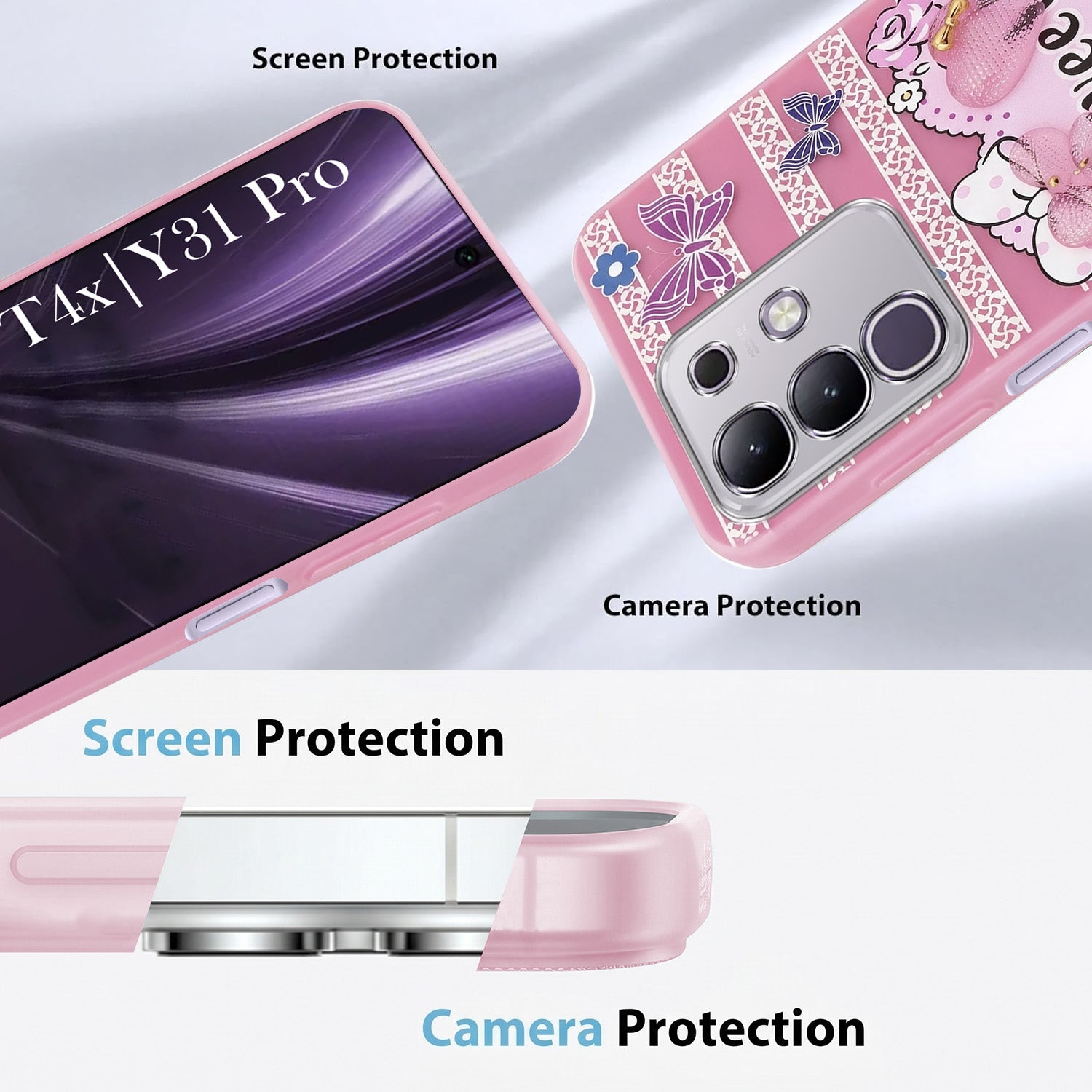 For Vivo T4x | Vivo Y31 Pro Back Cover Case (3D Cute Heart Strap Holder | Camera Protection | Designer Girls Print)