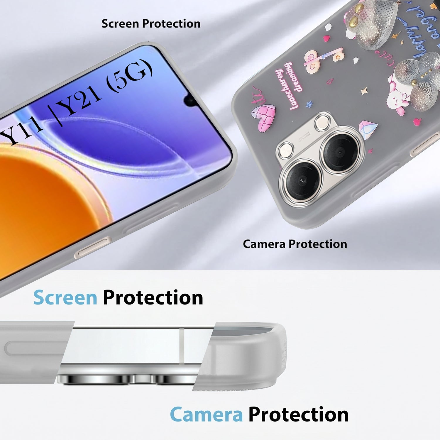 For Vivo Y11 | Vivo Y21 5G Back Cover Case (3D Cute Heart Strap Holder | Camera Protection | Designer Girls Print)