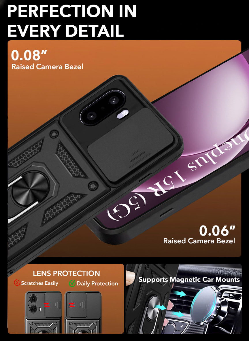For OnePlus 15R Back Cover Case Hybrid Armor (Sliding Shutter Camera Protection | Polycarbonate |Ring Holder Kickstand)