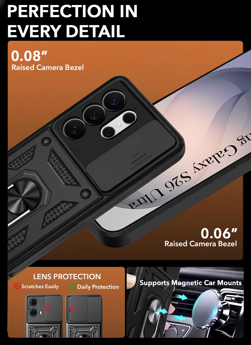 For Samsung Galaxy S26 Ultra Back Cover Case Hybrid Armor (Sliding Shutter Camera Protection | Polycarbonate |Ring Holder Kickstand)