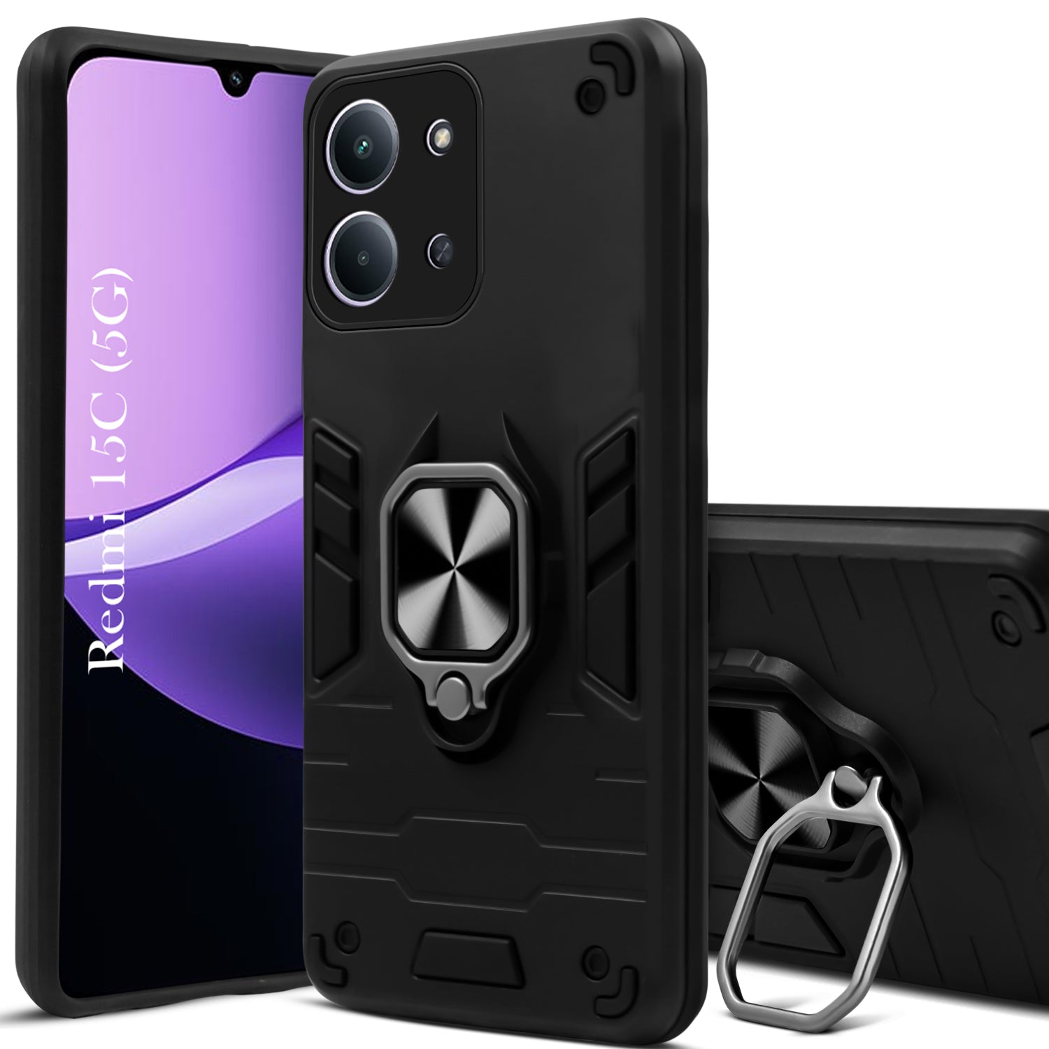 For Redmi 15C Hybrid Armor Back Cover Case (Shockproof Dual Layer Polycarbonate |Ring Holder Kickstand)