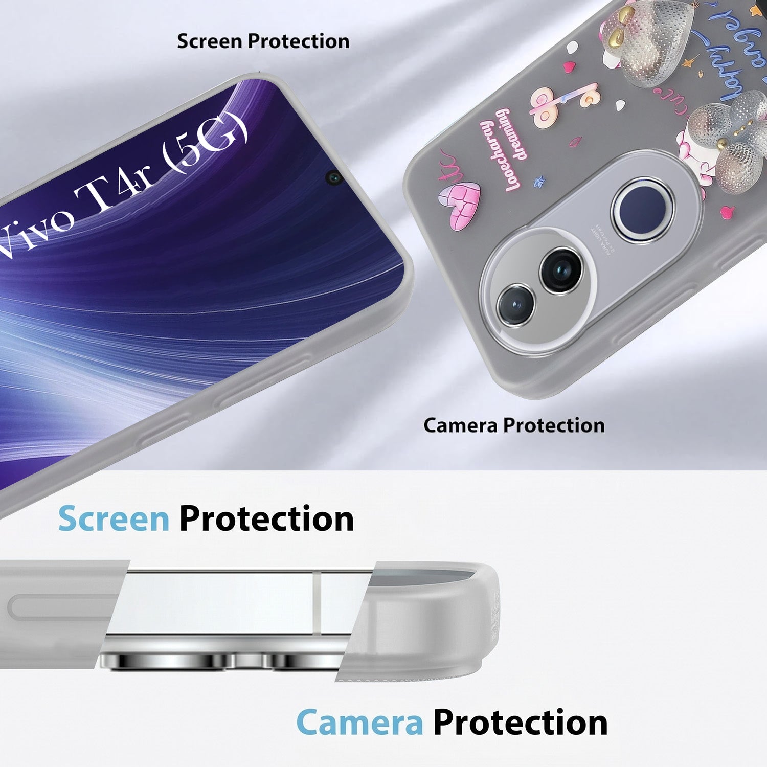 For Vivo T4R  Back Cover Case (3D Cute Heart Strap Holder | Camera Protection | Designer Girls Print)