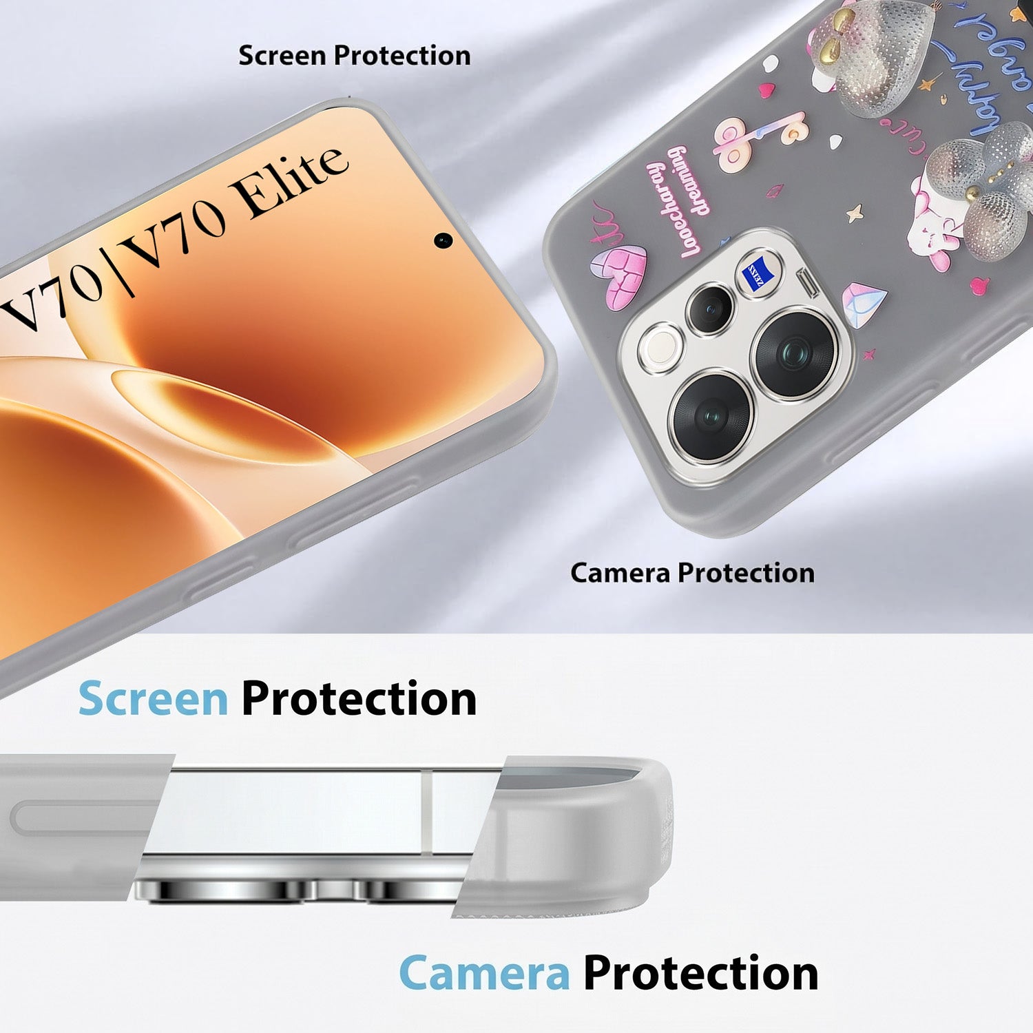 For Vivo V70 | Vivo V70 Elite 5G Back Cover Case (3D Cute Heart Strap Holder | Camera Protection | Designer Girls Print)