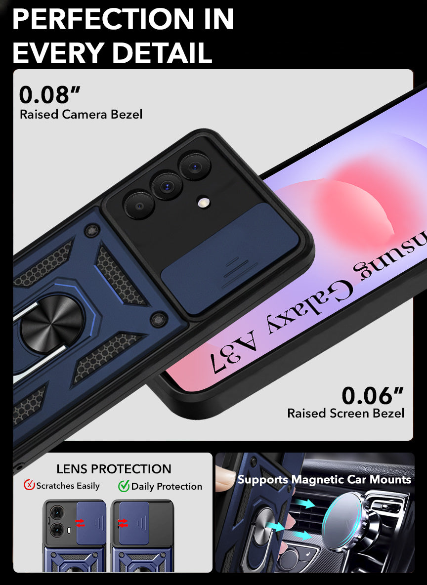 For Samsung Galaxy A37 5G Back Cover Case Hybrid Armor (Sliding Shutter Camera Protection | Polycarbonate |Ring Holder Kickstand)