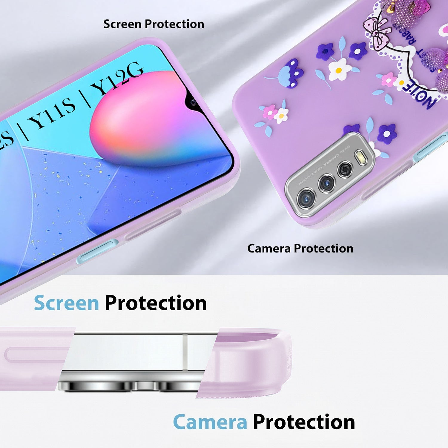 For Vivo Y12s | Y11s | Y12G Back Cover Case (3D Cute Heart Strap Holder | Camera Protection | Designer Girls Print)
